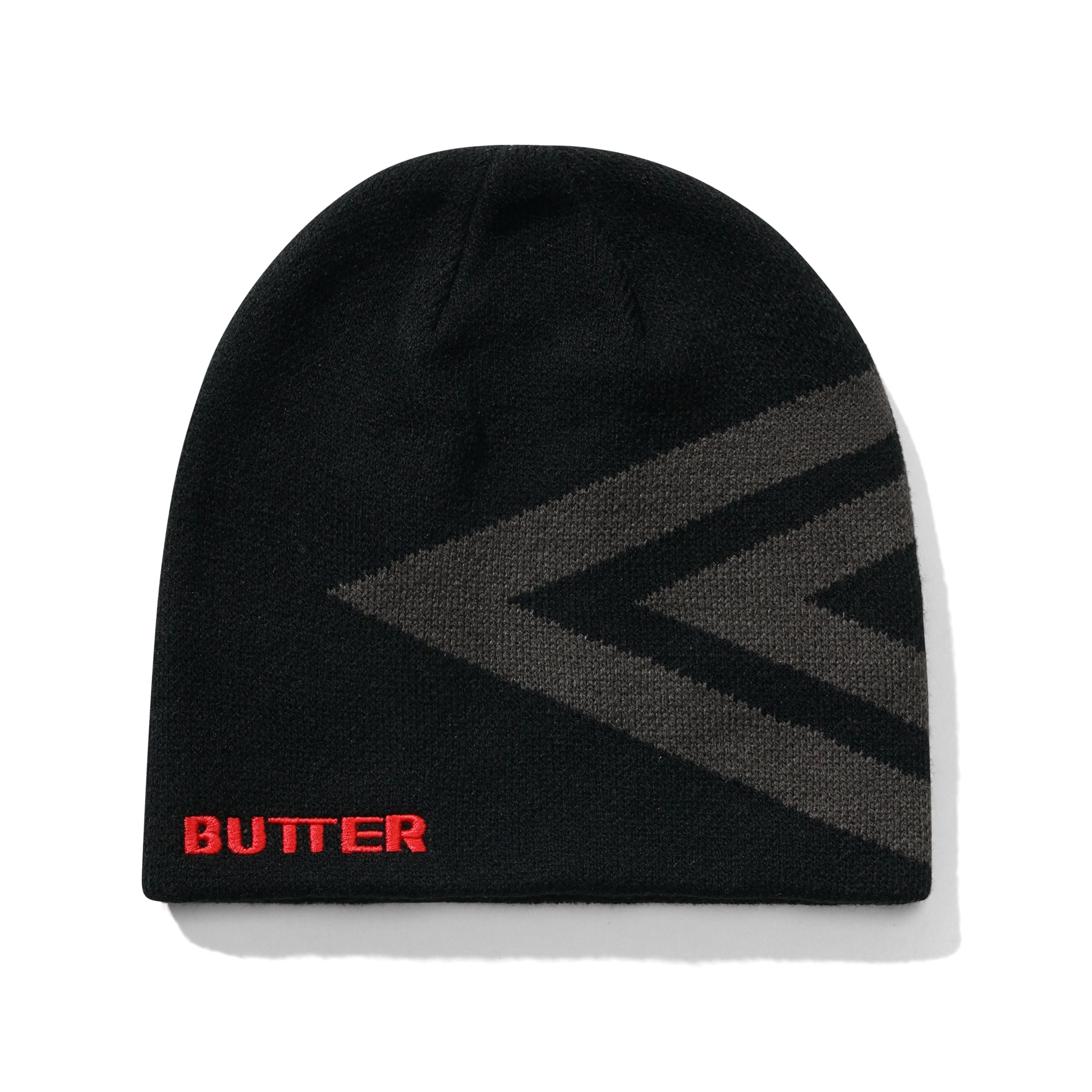 Mütze, Beanie, Schwarz, Graues Muster, Logo/Text ROT