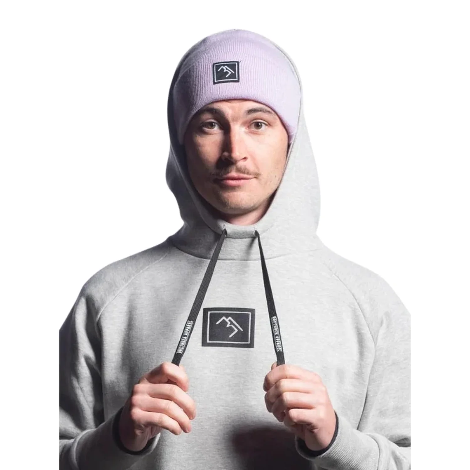 Beanie Grauer Hoodie, Kapuze mit Kordelzug, Raglanärmel, Lavendelfarbene Mütze, Logo-Aufdruck