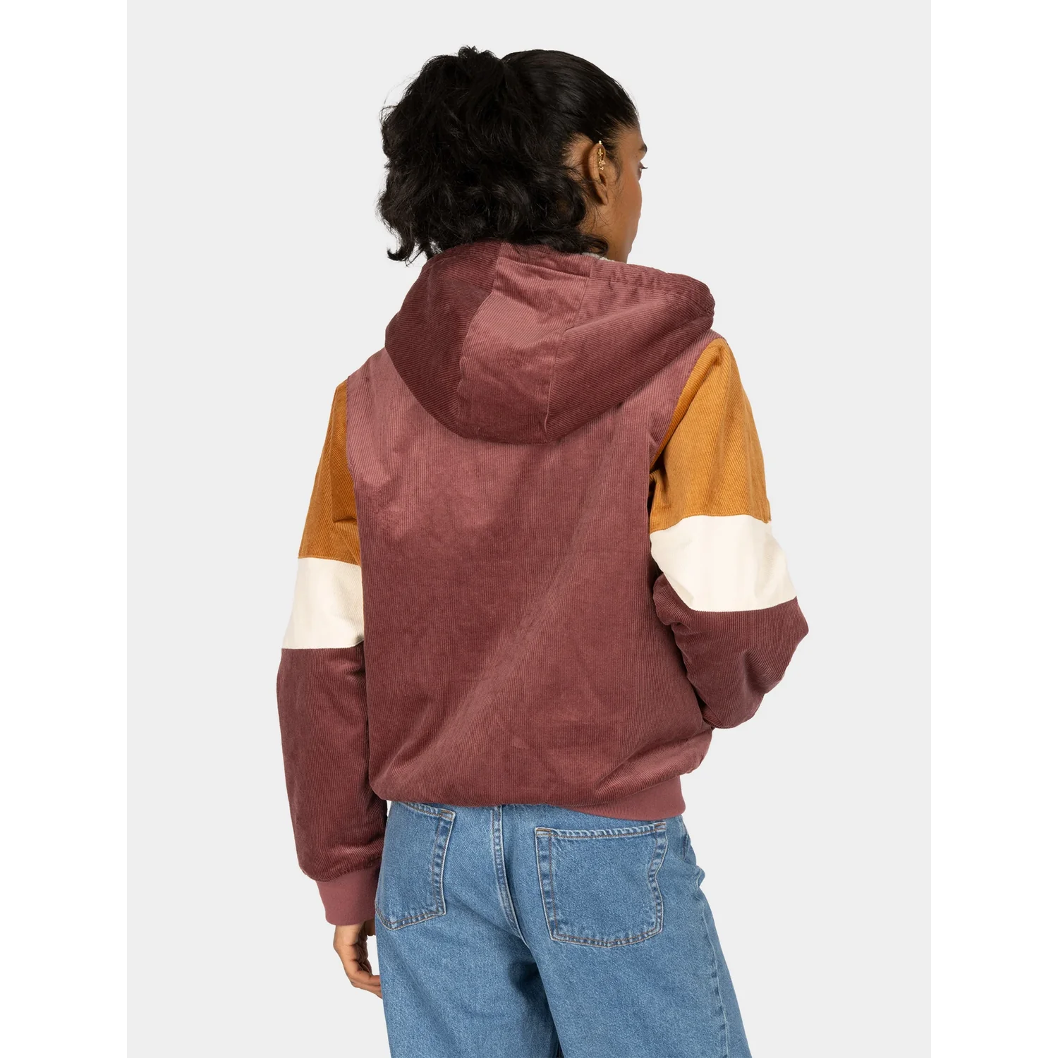 Sweat à capuche, velours côtelé, motif color block, rouge bordeaux, manches contrastées
