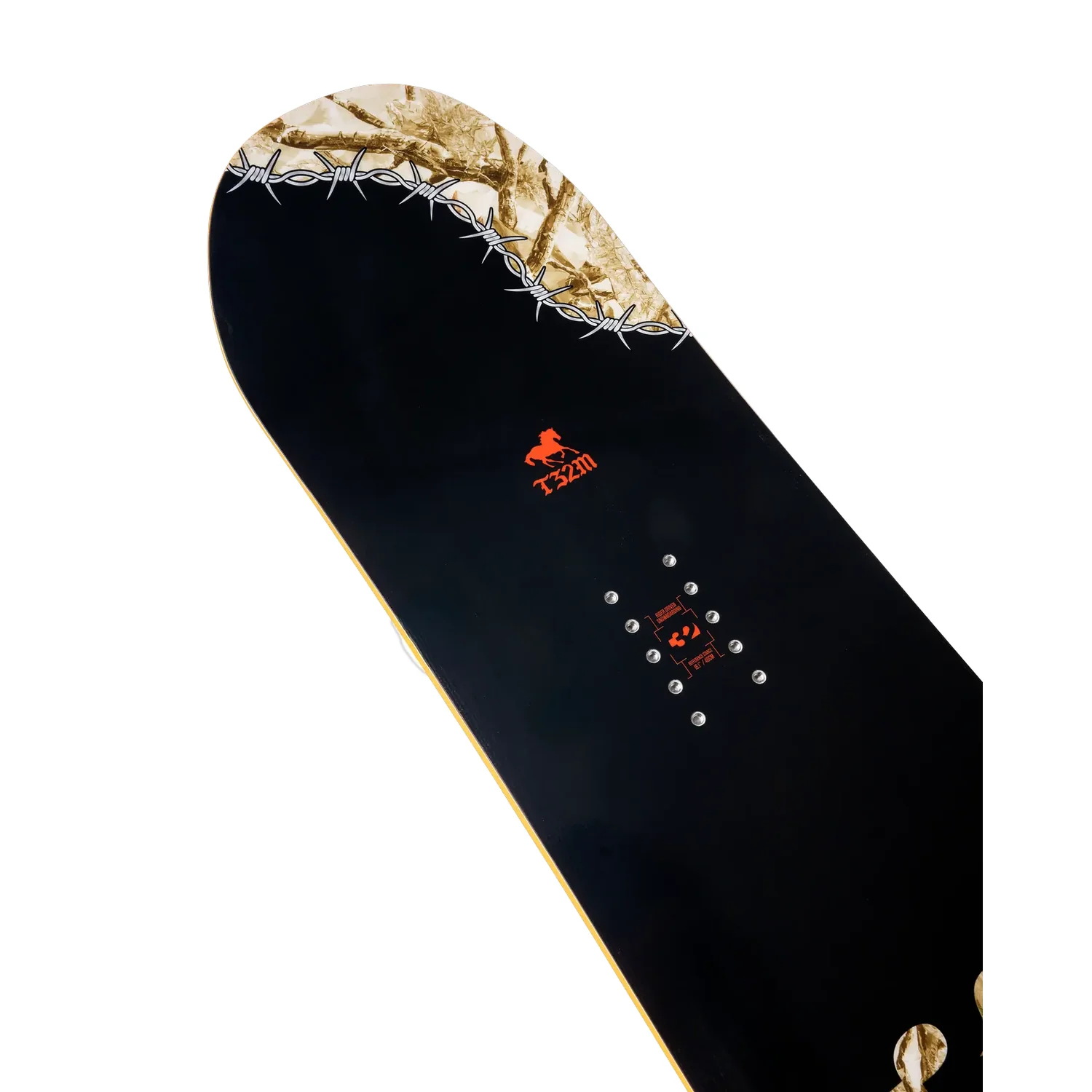 T32M Youth Snowboard, Schwarze Oberfläche, Tarnmuster, Stacheldrahtmotiv