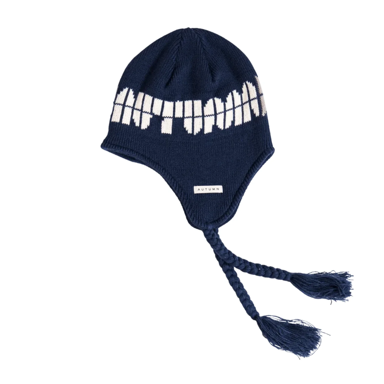 Soy Ear Flap Bonnet en tricot, oreillettes, bleu marine, pompons tressés, motif blanc