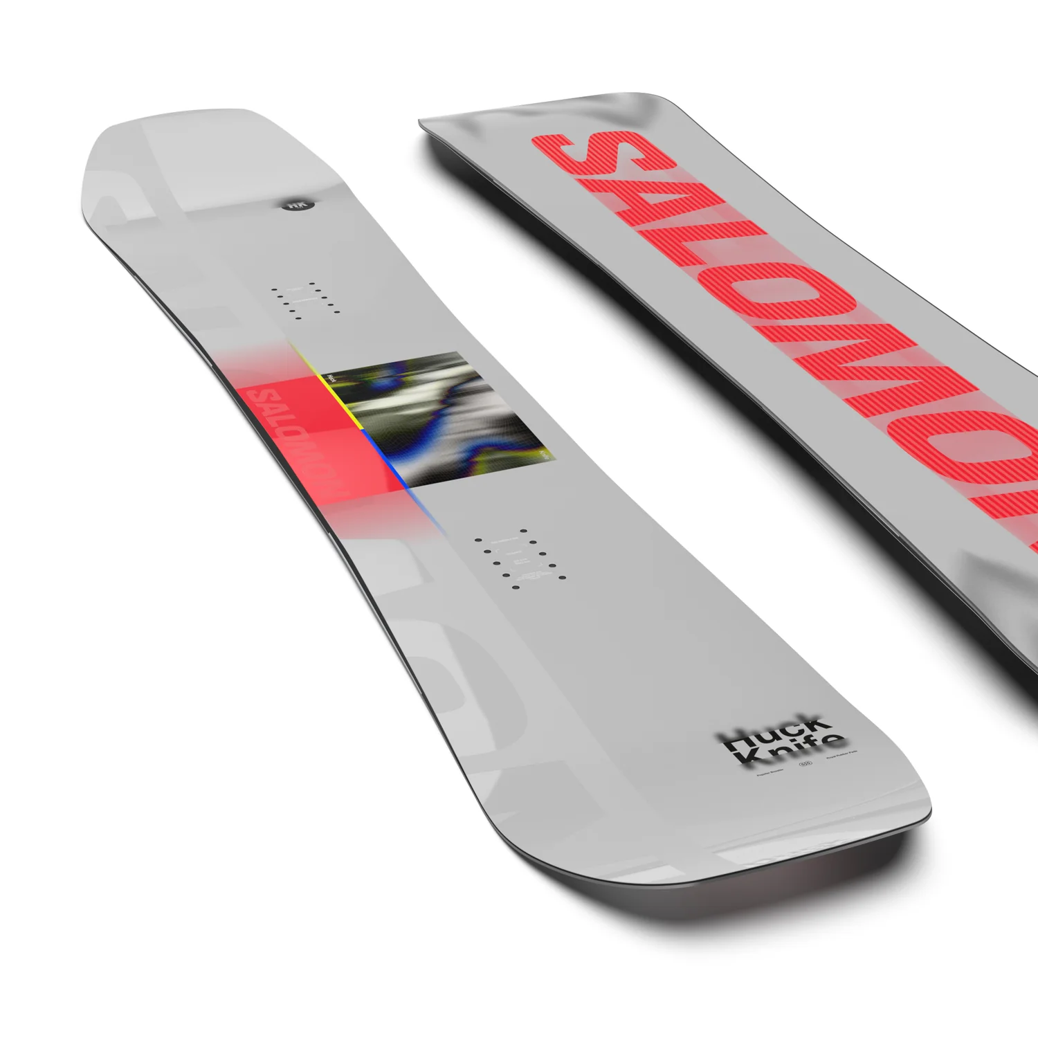 Huck Knife Snowboard, Grafik, Snowboard-Deck, Mehrfarben, Vinyl-Grafik, Snowboard, graue Oberfläche, rotes Design, Freeride-Board, Rocker-Profil