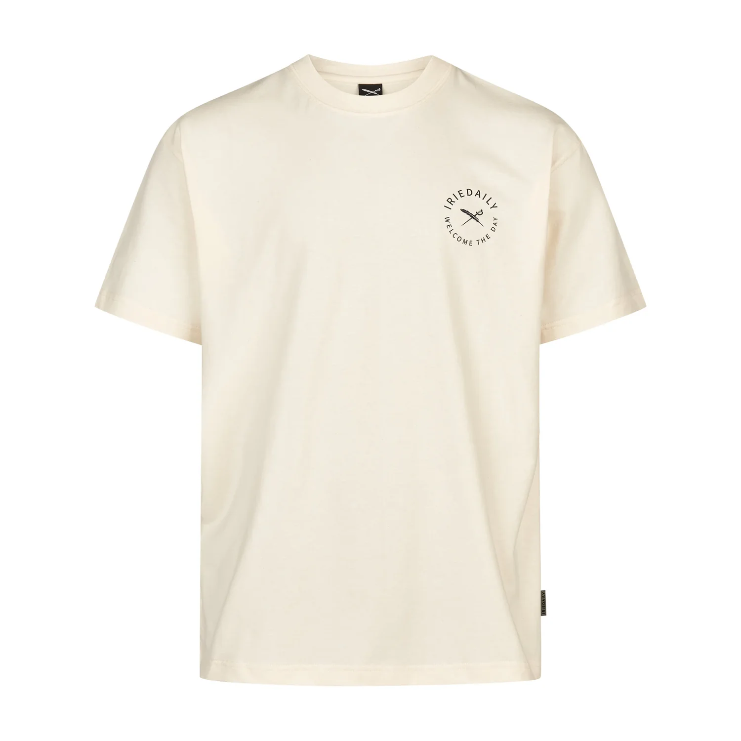 T-shirt, couleur crème, col rond, manches courtes, imprimé sur la poitrine