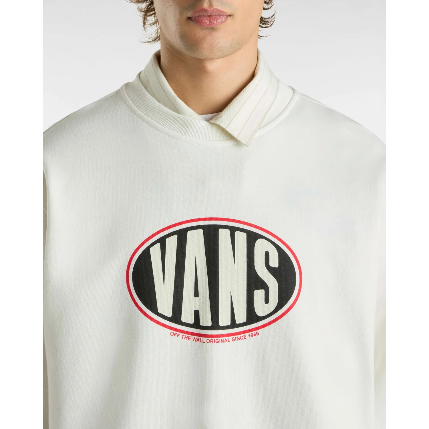 Spray On Loose Crew Herren-Sweatshirt, Cremeweiß, Rundhalsausschnitt, Vans-Logo, Logo-Print