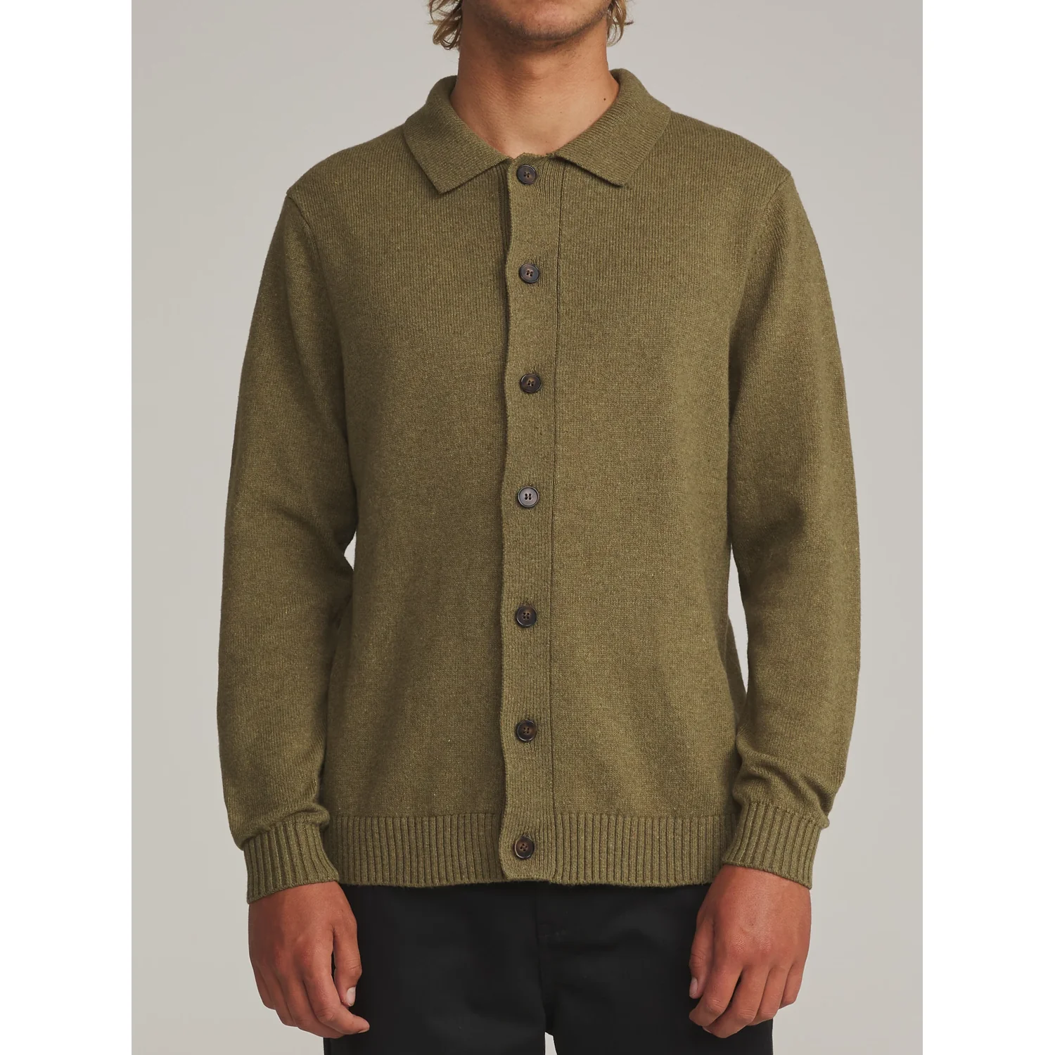Strickjacke, Herren, Olivgrün, Knopfleiste, Polokragen