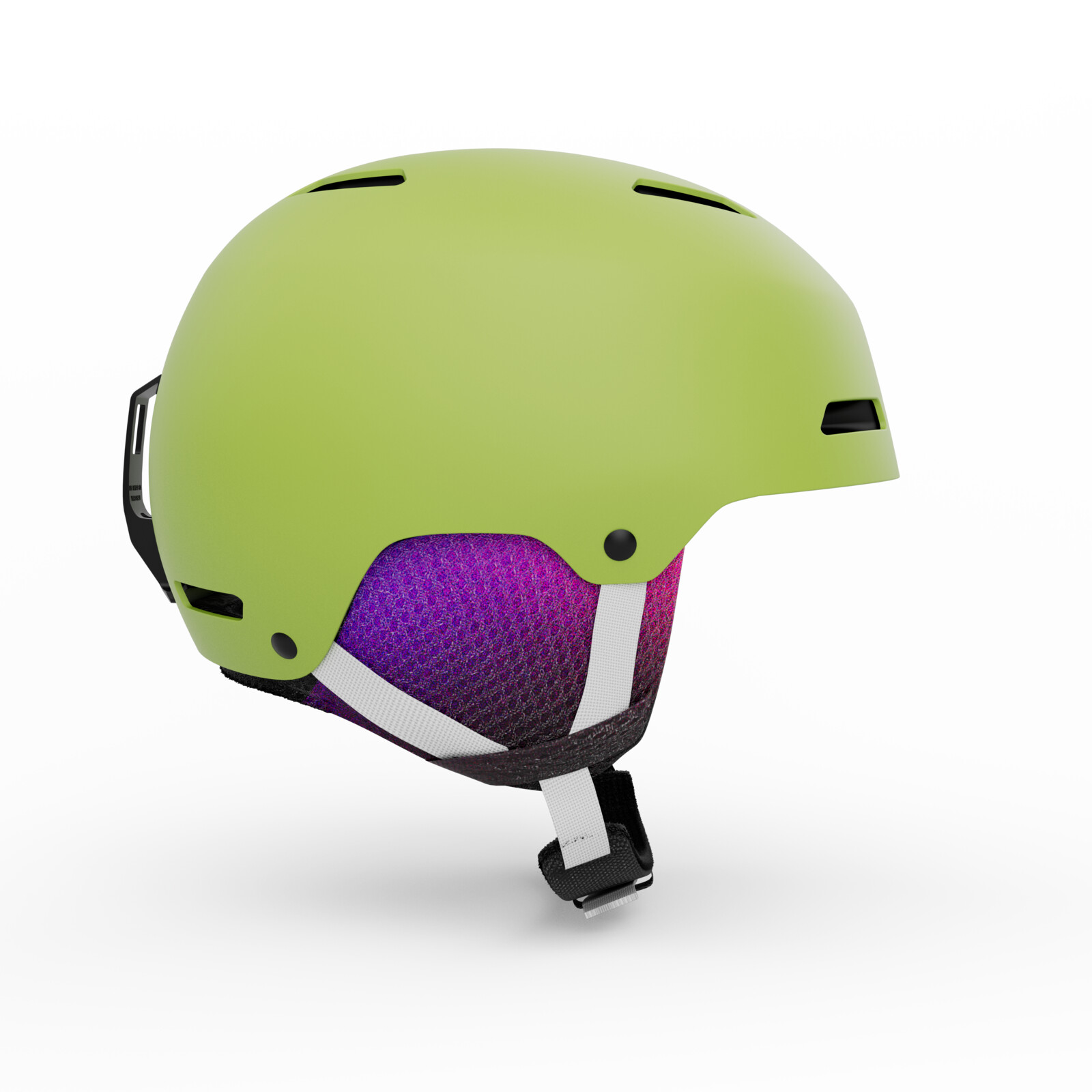  casque de ski, casque vert, fentes d'aération, doublure violette, boucle de sangle