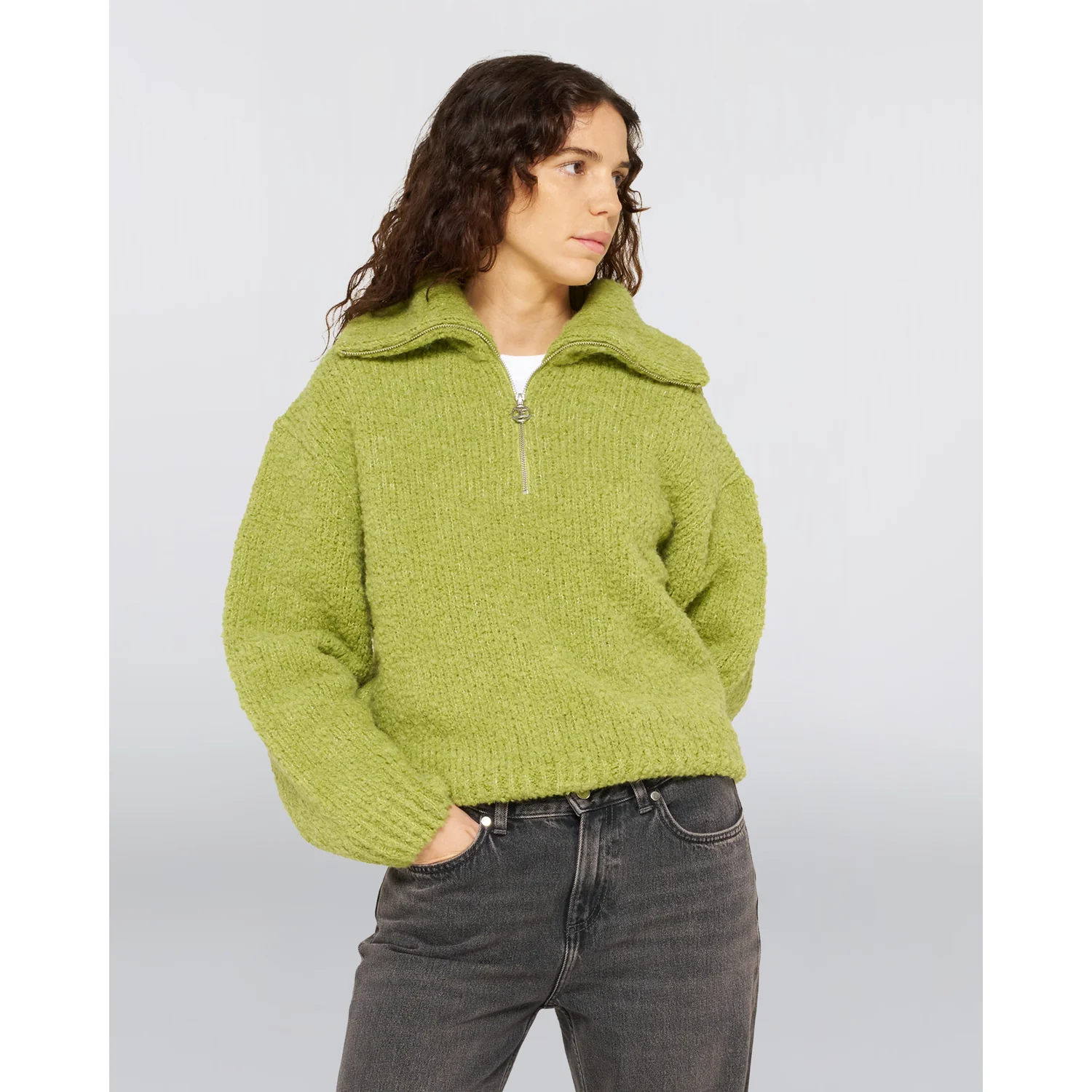 W' Neva Sweater Pullover, Strickpullover, Hellgrün, Kragen, Halber Reißverschluss