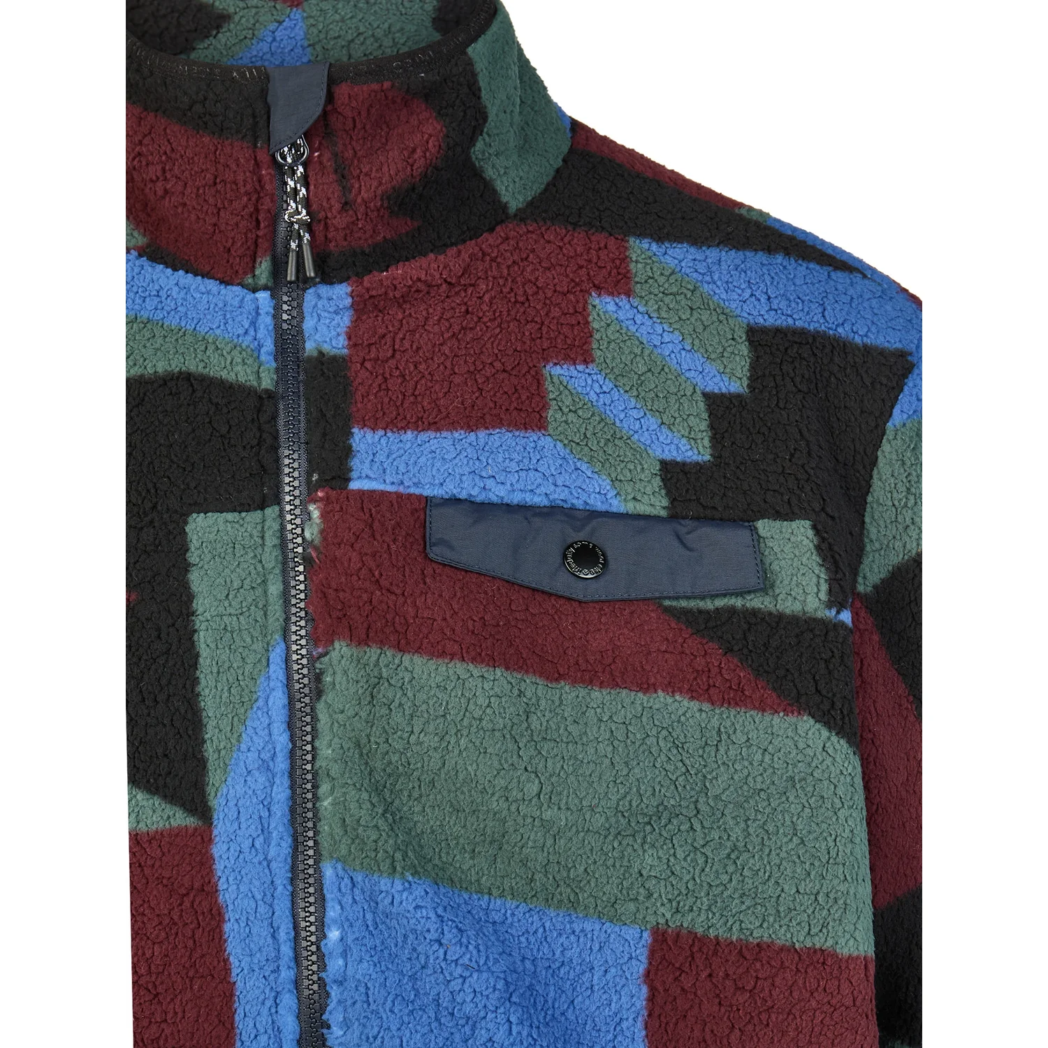 Veste en polaire, polaire « teddy », fermeture éclair, col montant, motif géométrique coloré