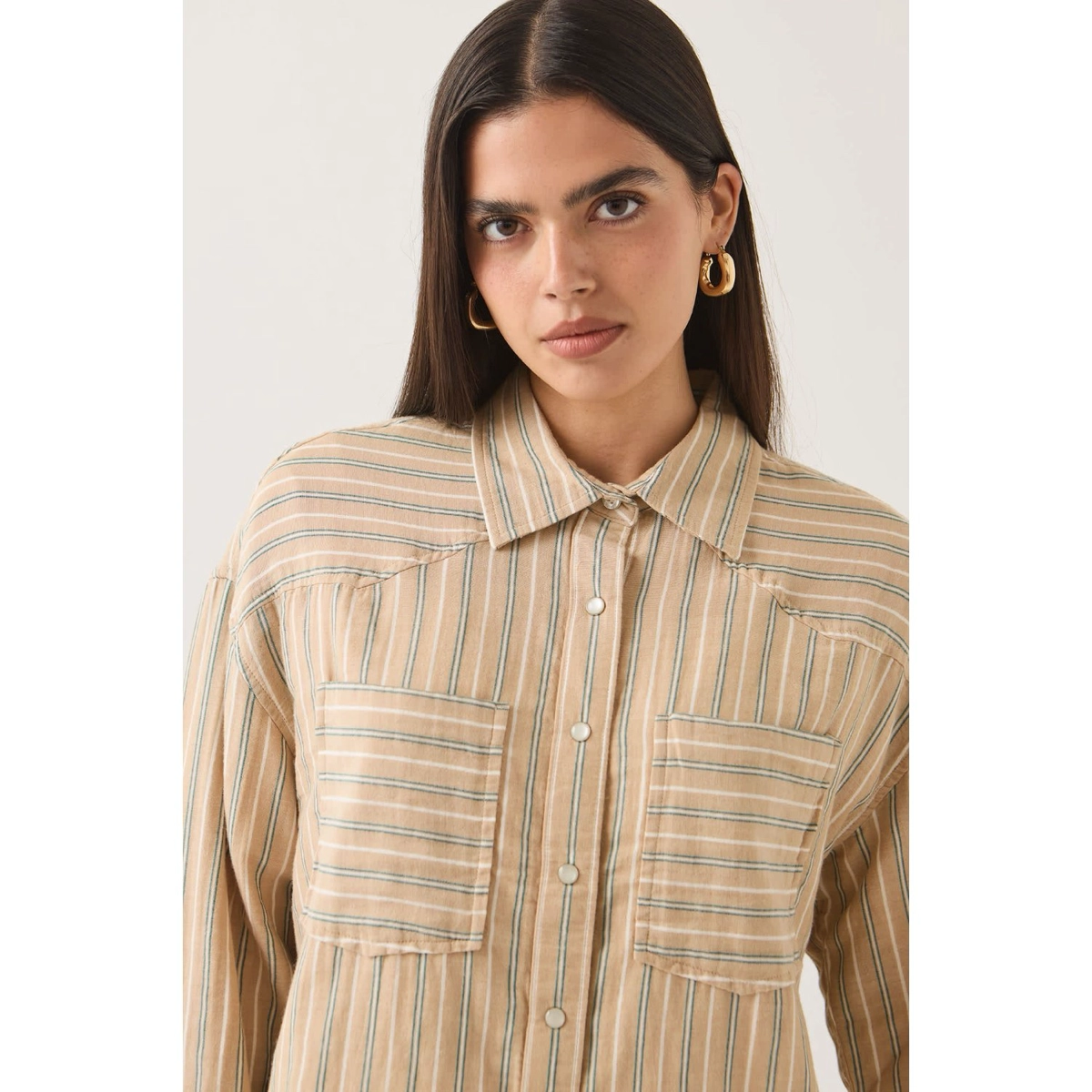 Wayne W Shirt Hemd, Streifen, Kragen, Knöpfe, Großtaschen, shirt, streifend, beige, Knopfhemd, Brusttaschen