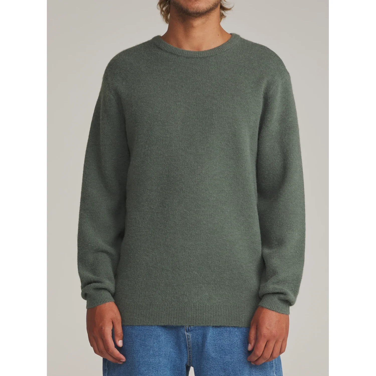 Pullover, Rundhalsausschnitt, Langarm, Graugrün, Strick
