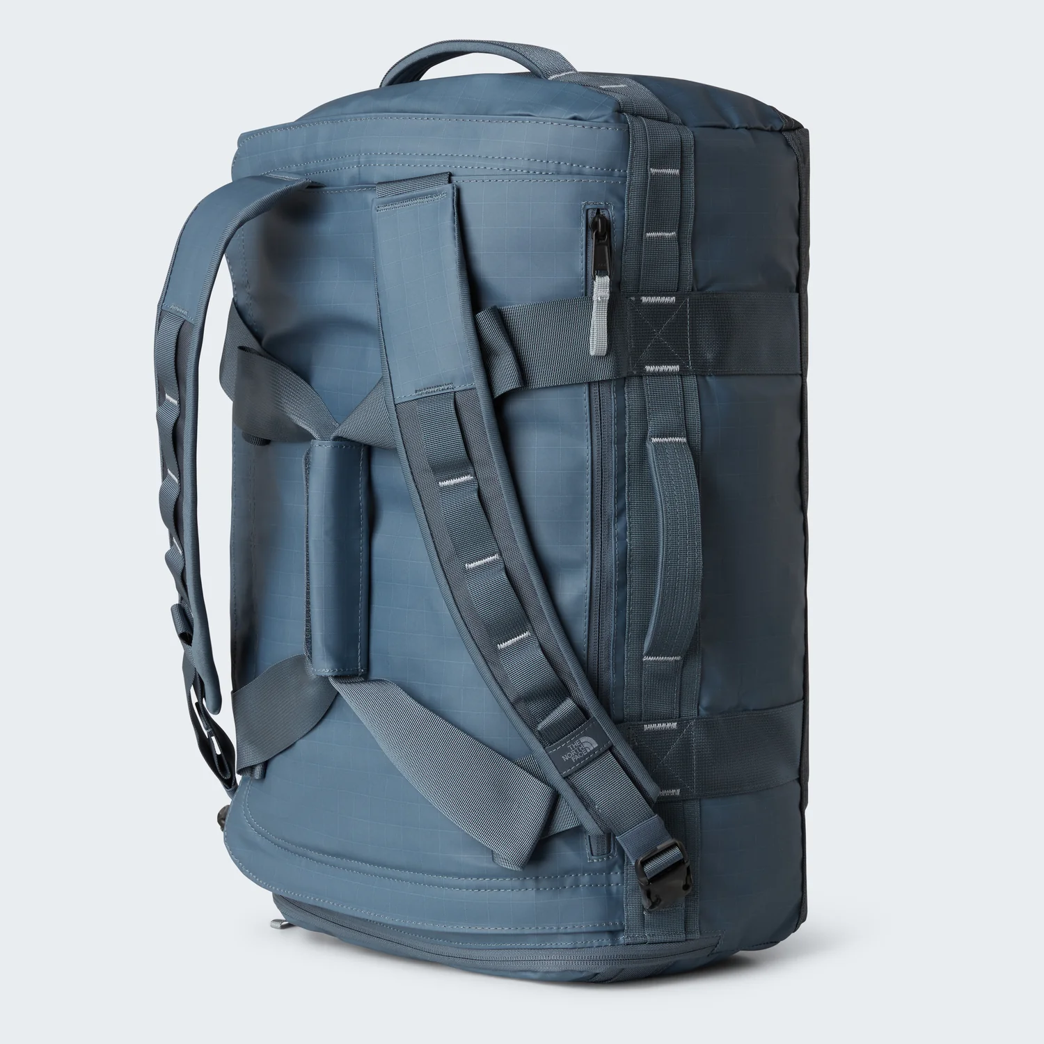 Reiserucksack, blaugraues Textil, Rolltop-Verschluss, gepolsterte Schultergurte, Reißverschlusstasche