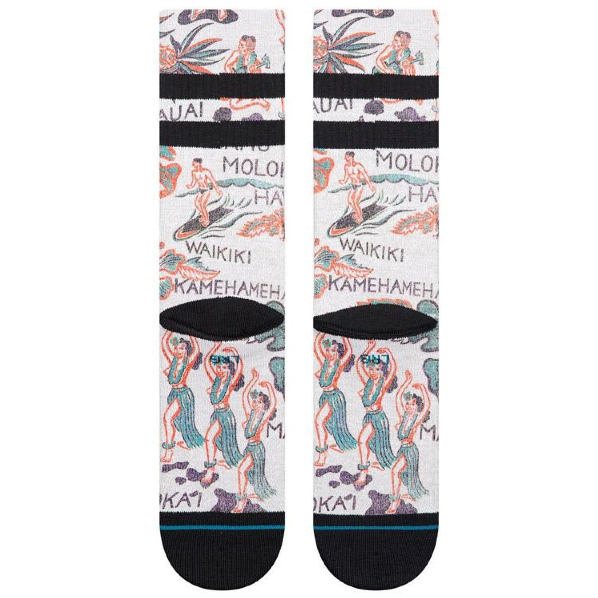 Chaussettes, silhouette de surfeur, motif hawaïen, plastique ?
