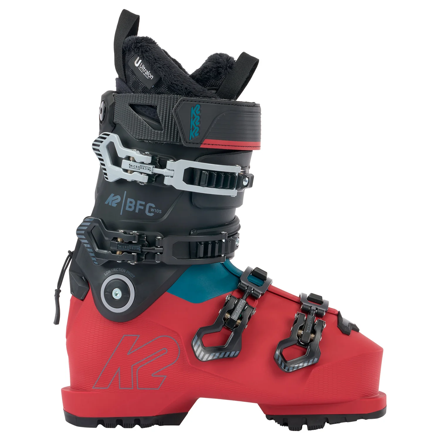 Skischuh, Kunststoffschale, Rot-schwarz, Schnallenverschluss, Fleece-Innenfutter