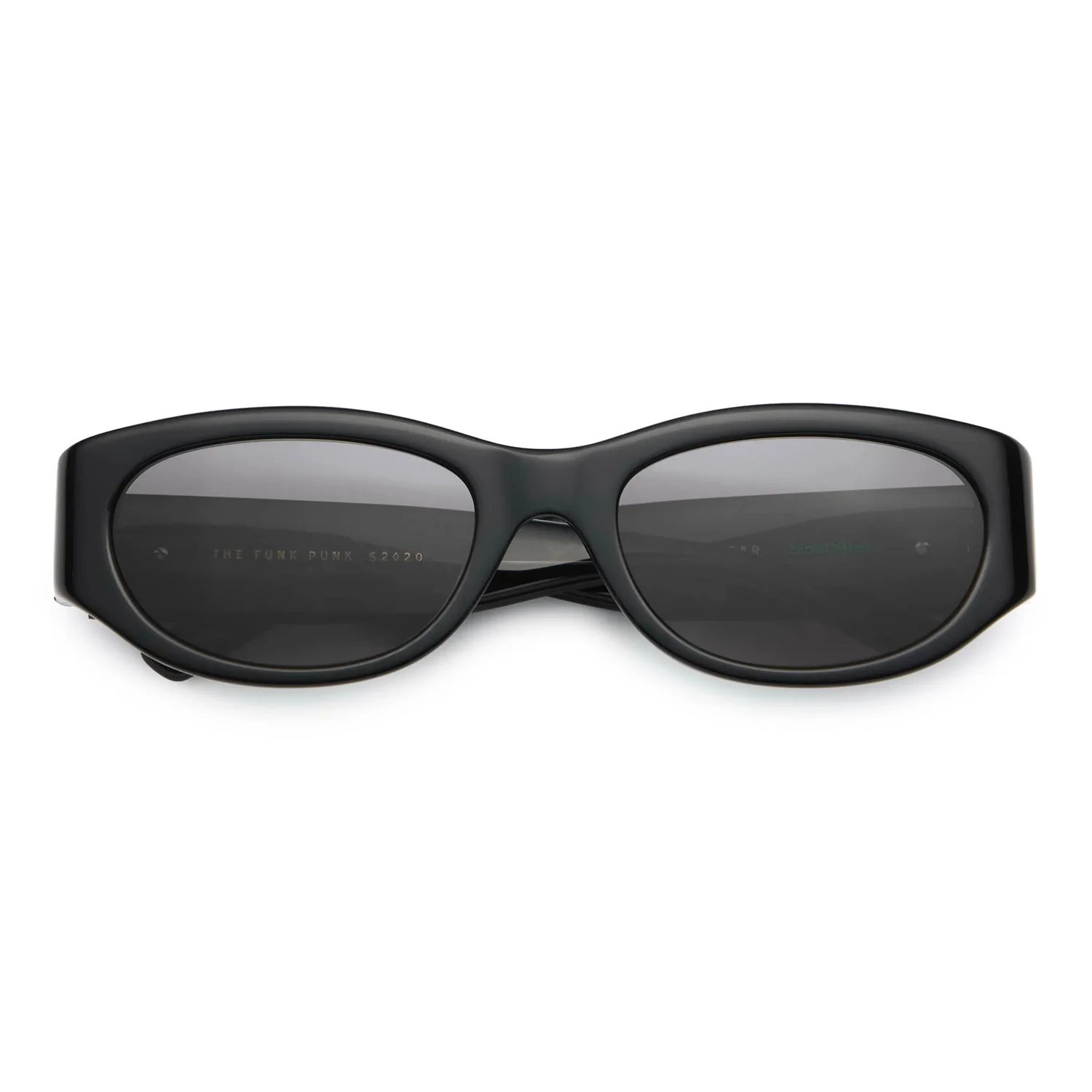 Sonnenbrille, schwarzer Kunststoffrahmen, graue Gläser, ovale Gläser, breiter Rahmen