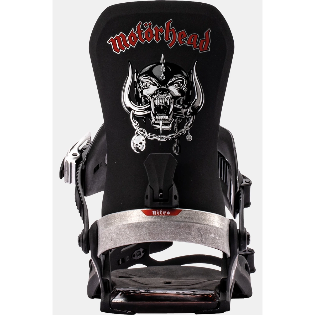One snowboard, fixation, motif graphique, crâne, métallisé, fixations de snowboard, motif Motorhead, fixations noires, sangle métallisée, highback avec motif