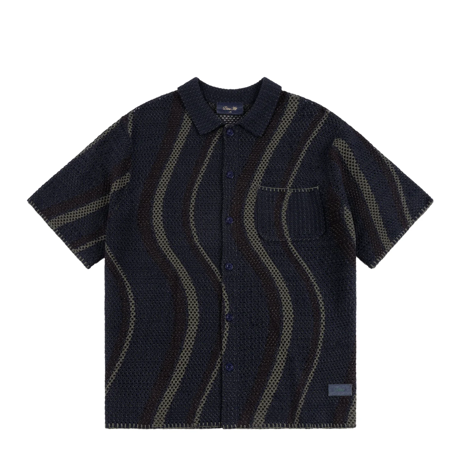 Soleil Button Up Knit Kurzarmhemd, Strickstoff, Dunkelblau, Wellenstreifen, Brusttasche