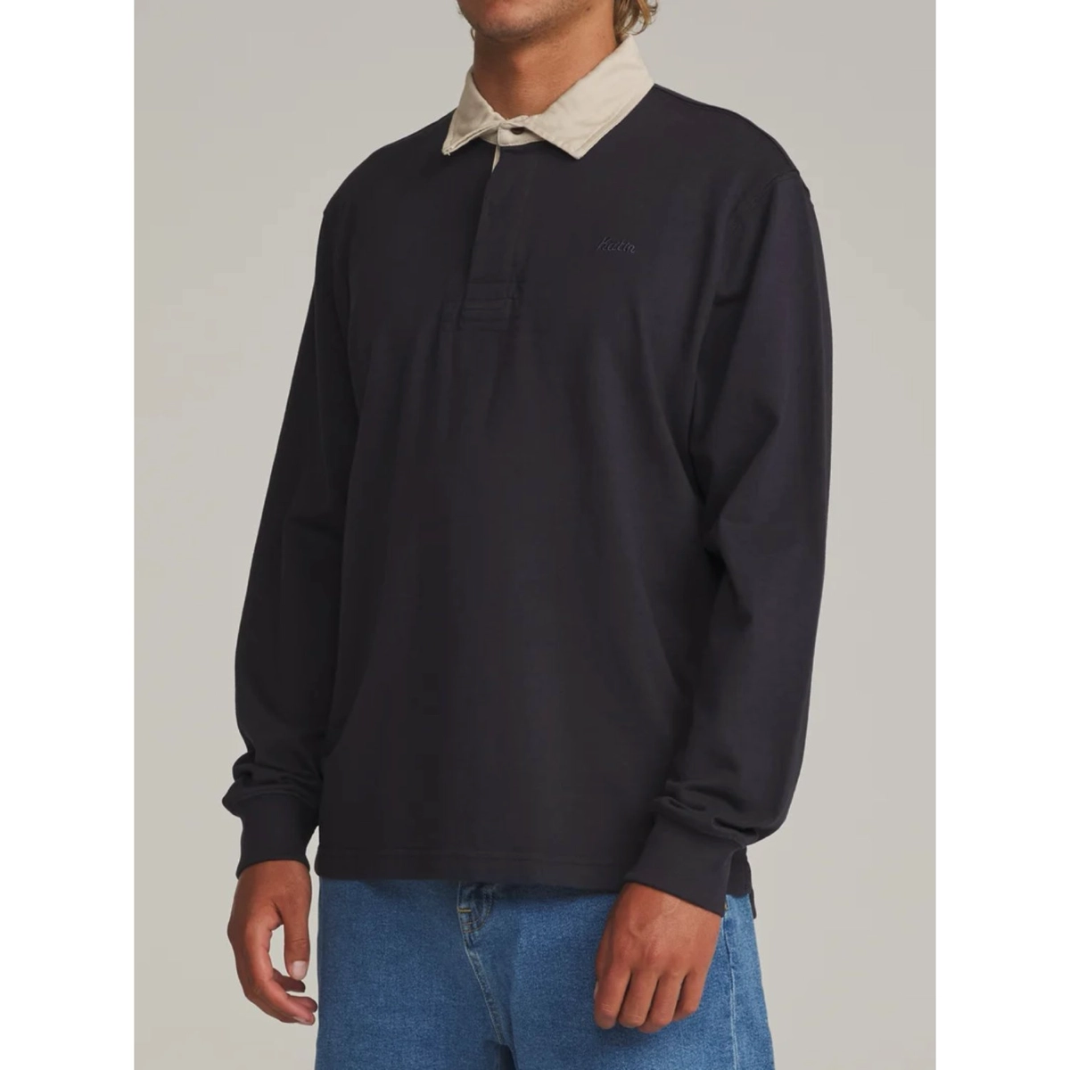 Langeärmliges Poloshirt, Schwarzes Polo, Kragenaufsatz, Casualhemd, Baumwollmischung