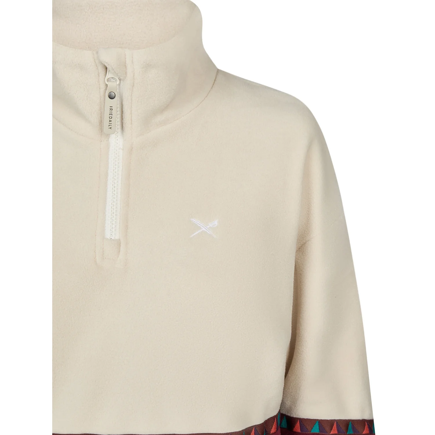 Fleece-Pullover, Stehkragen, Reißverschluss, Cremeweiß, Geometrischer Saum