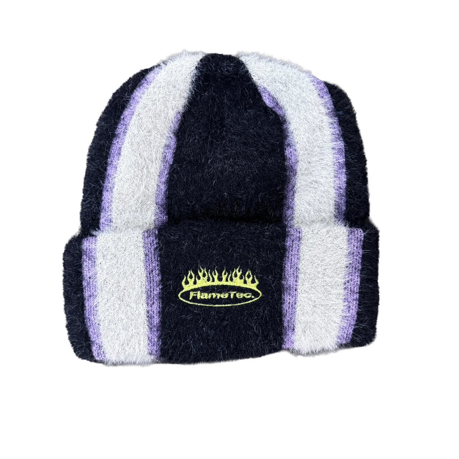 Flametec Mohair Strickmütze, Schwarz-weiß-lila, Gestreift, Flauschige Oberfläche, Umschlagrand