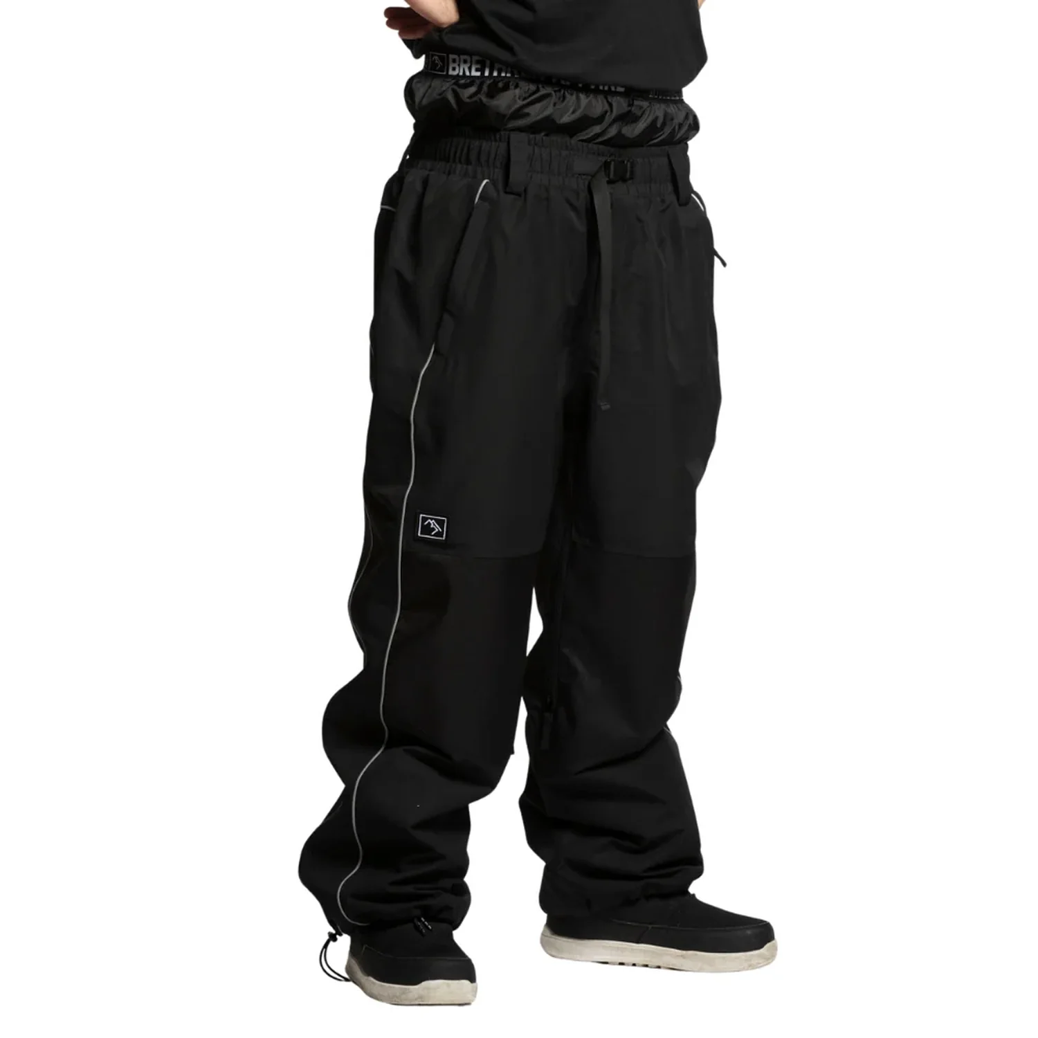 Pantalon de snowboard, noir, coupe ample, taille ajustable, bandes réfléchissantes