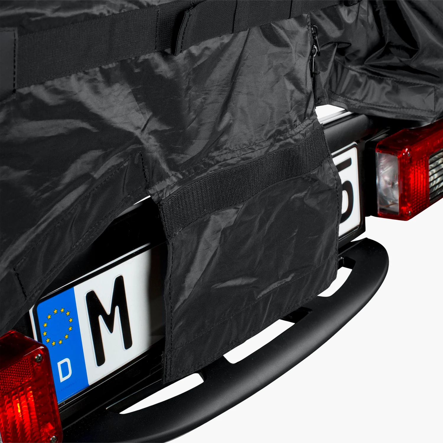 Bike Rack Cover Road Housse de voiture, noire, en tissu, fermeture Velcro, ouverture pour la plaque d'immatriculation