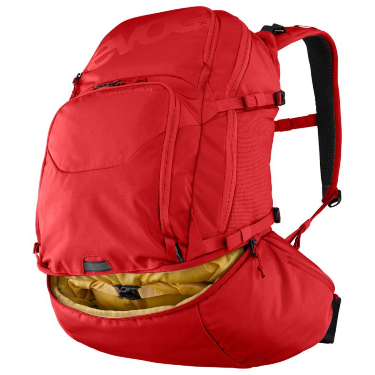 Sac à dos, rouge, équipement, poche latérale, compartiment principal