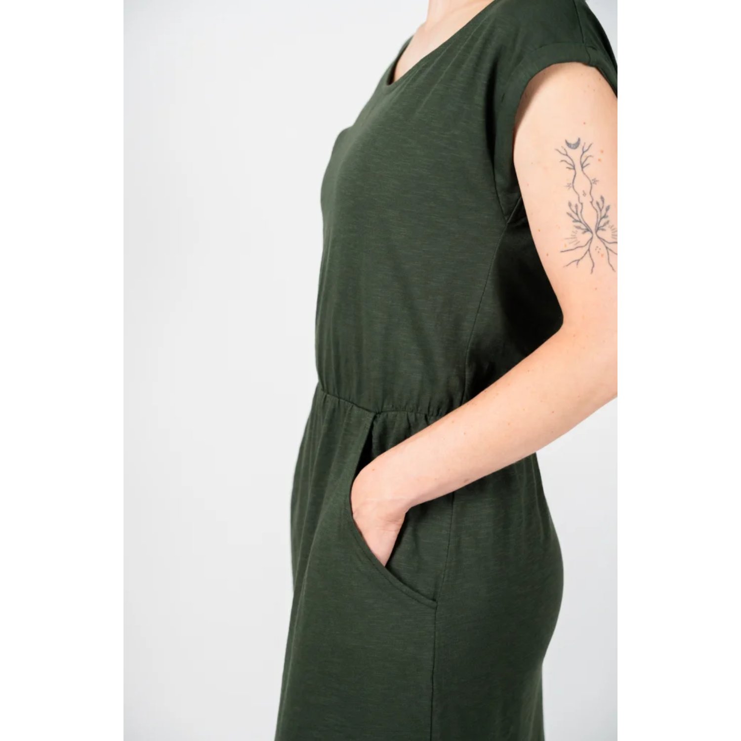 Kleid, Grün, Kurzärmelig, Tailliert, Pockets