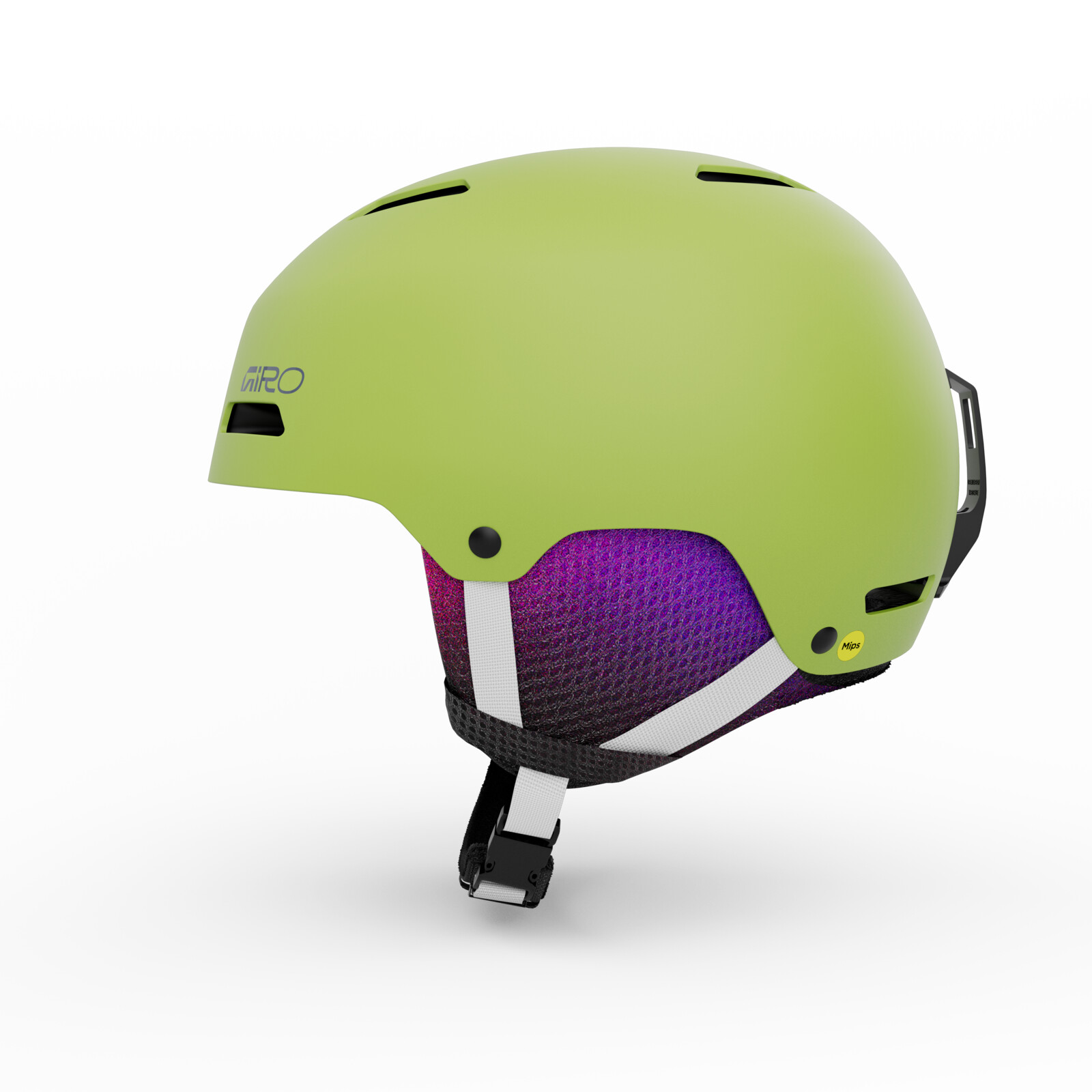 Crüe MIPS FS casquette de ski, casque vert, fentes d'aération, doublure violette, sangle réglable