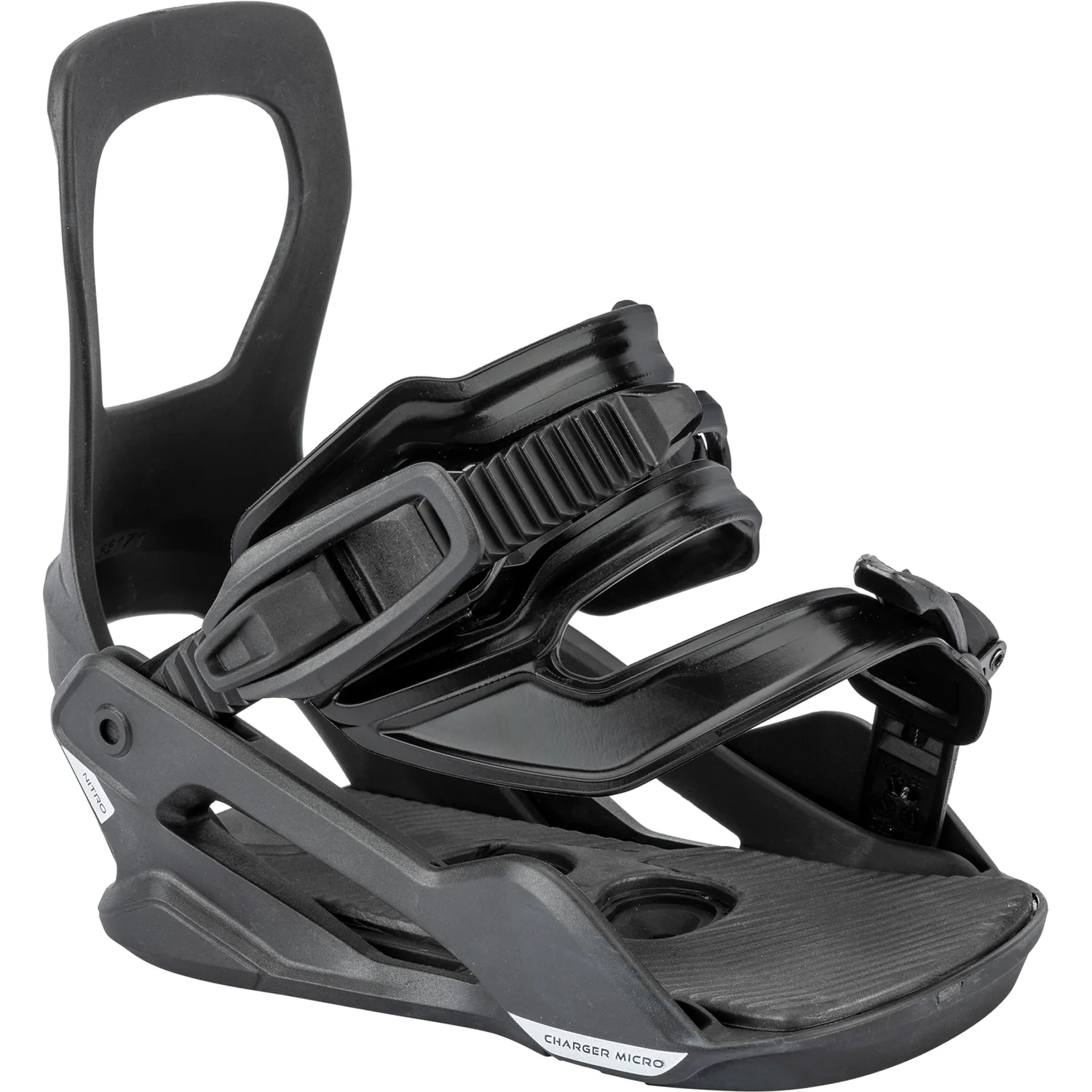 Fixation de snowboard, noire, en plastique, fermeture à cliquet, sangle de pied