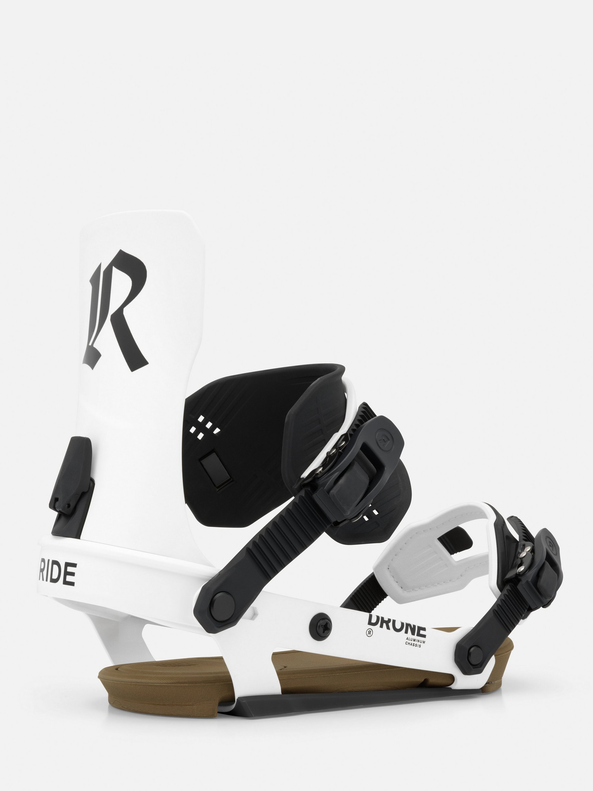 Drone Mens Fixations de snowboard, snowboard, fixations blanches, châssis en aluminium, sangle de talon réglable