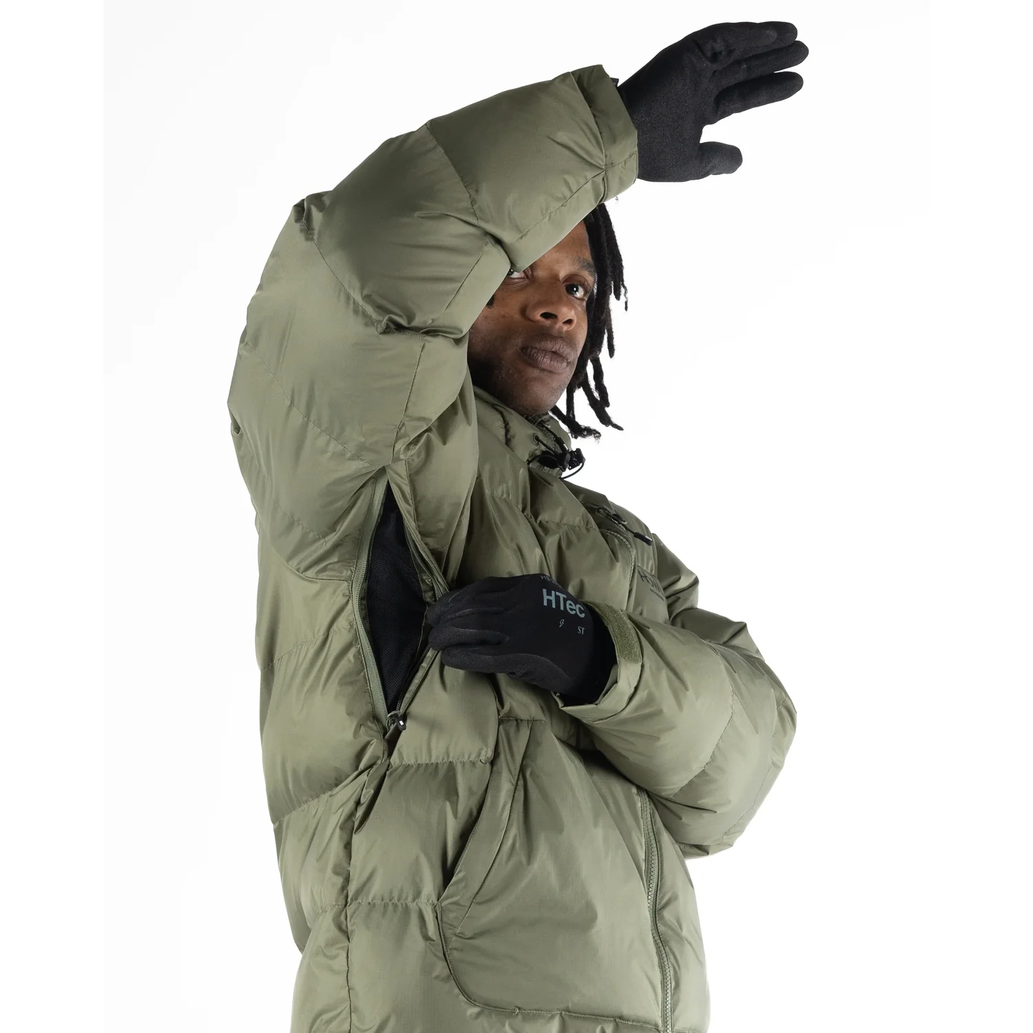 Daunenjacke, Pufferjacke, Olivgrün, Reißverschluss, Arm Zip, Daunenjacke, Olivgrün, Steppjacke, Reißverschluss, Schwarze Handschuhe