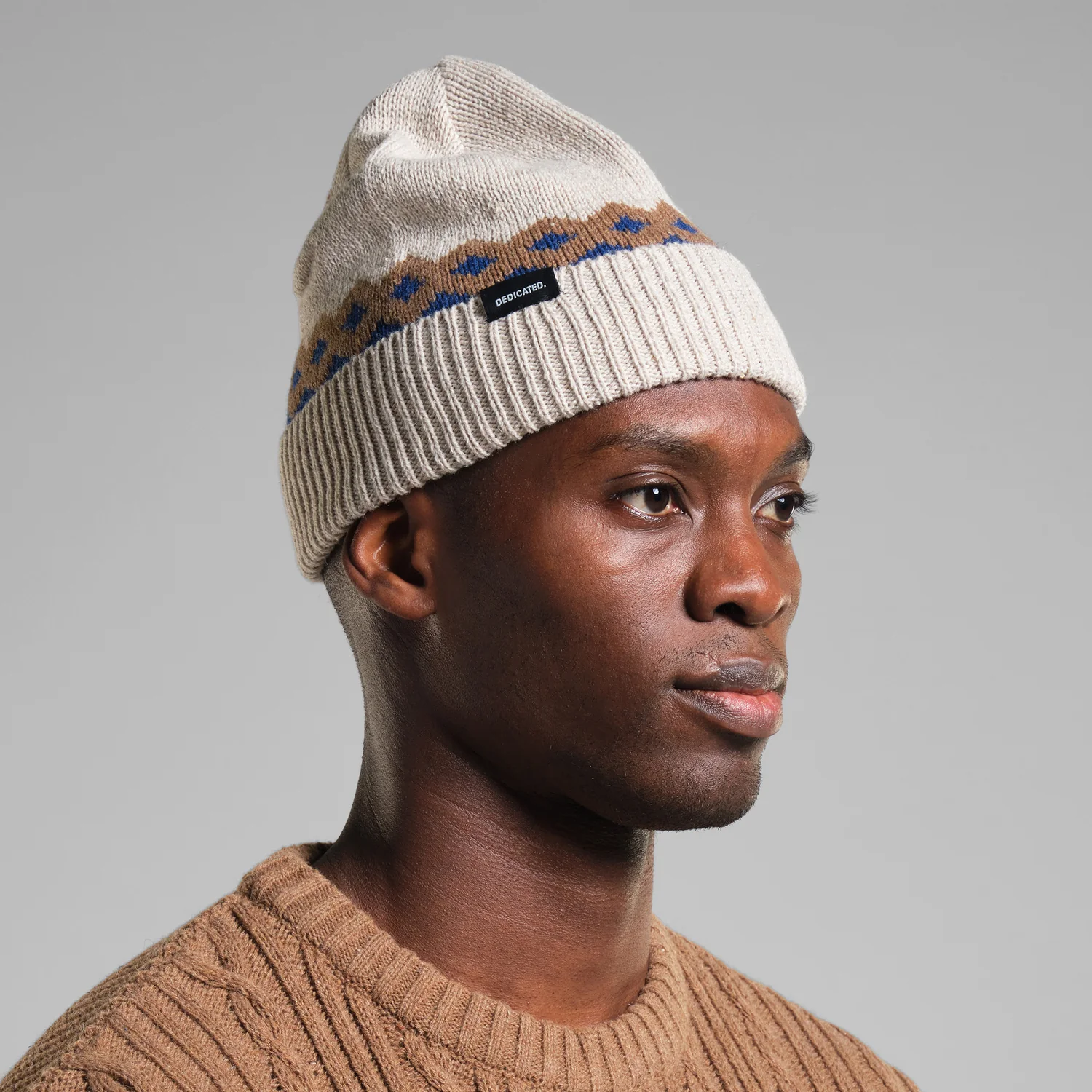 Beanie Hemavan Wool Strickmütze, Umschlagmütze, Beige, Jacquardmuster, Rippstrick