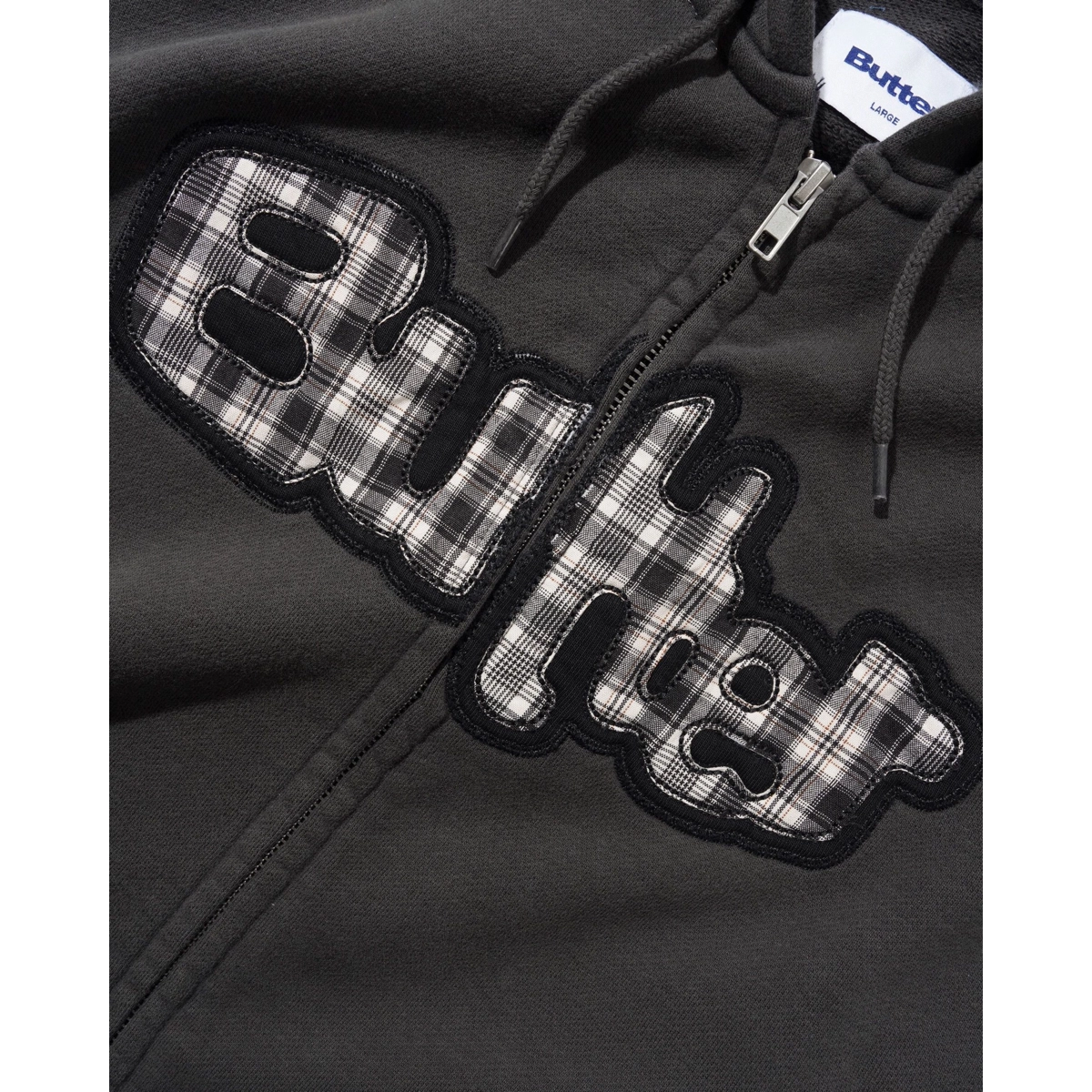 Plattform, Prag, Patchwork, Reißverschluss, Stoff, hoodie, Reißverschluss, Karomuster, schwarz, Logo-Applikation