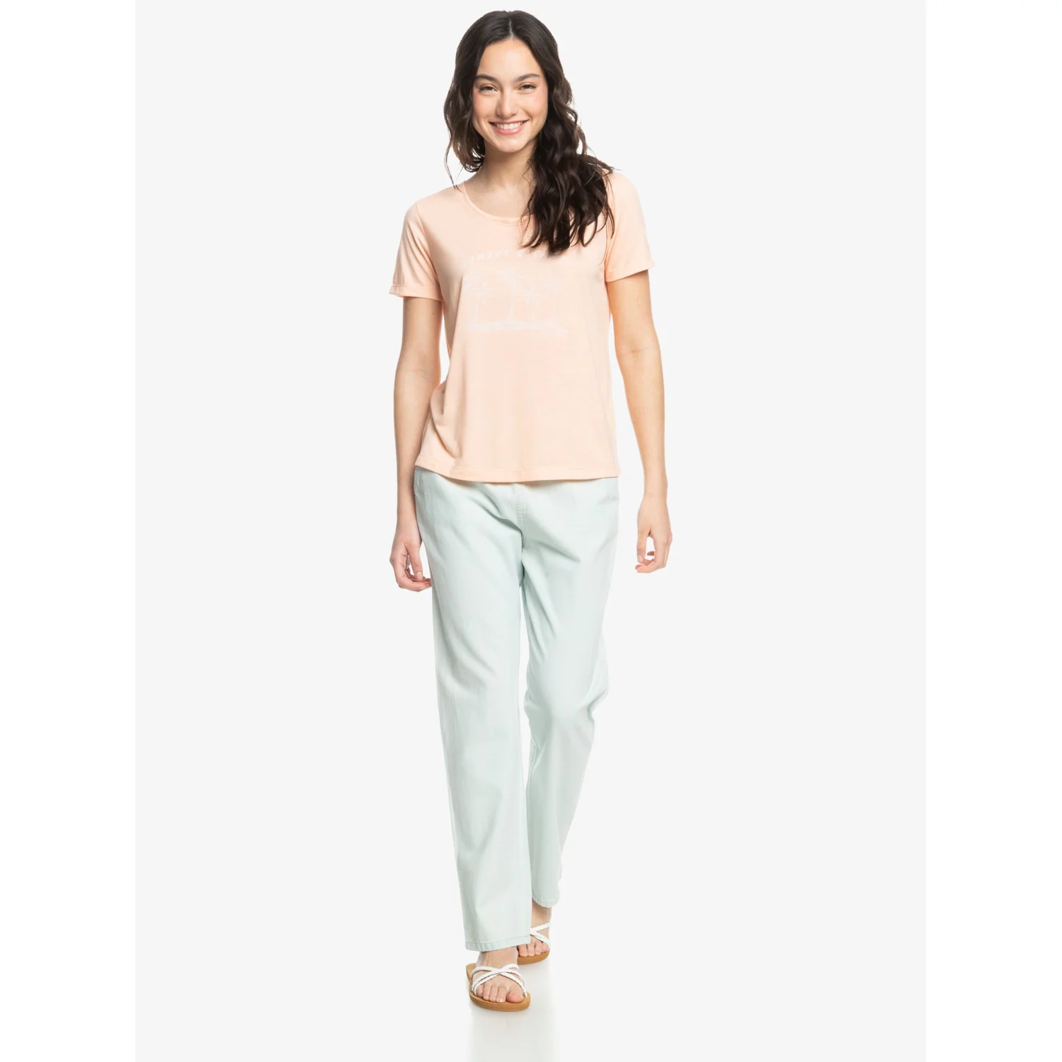Slow Swell Regular Damen-T-Shirt, Rundhalsausschnitt, Apricot, Kurzarm, Stoffhose