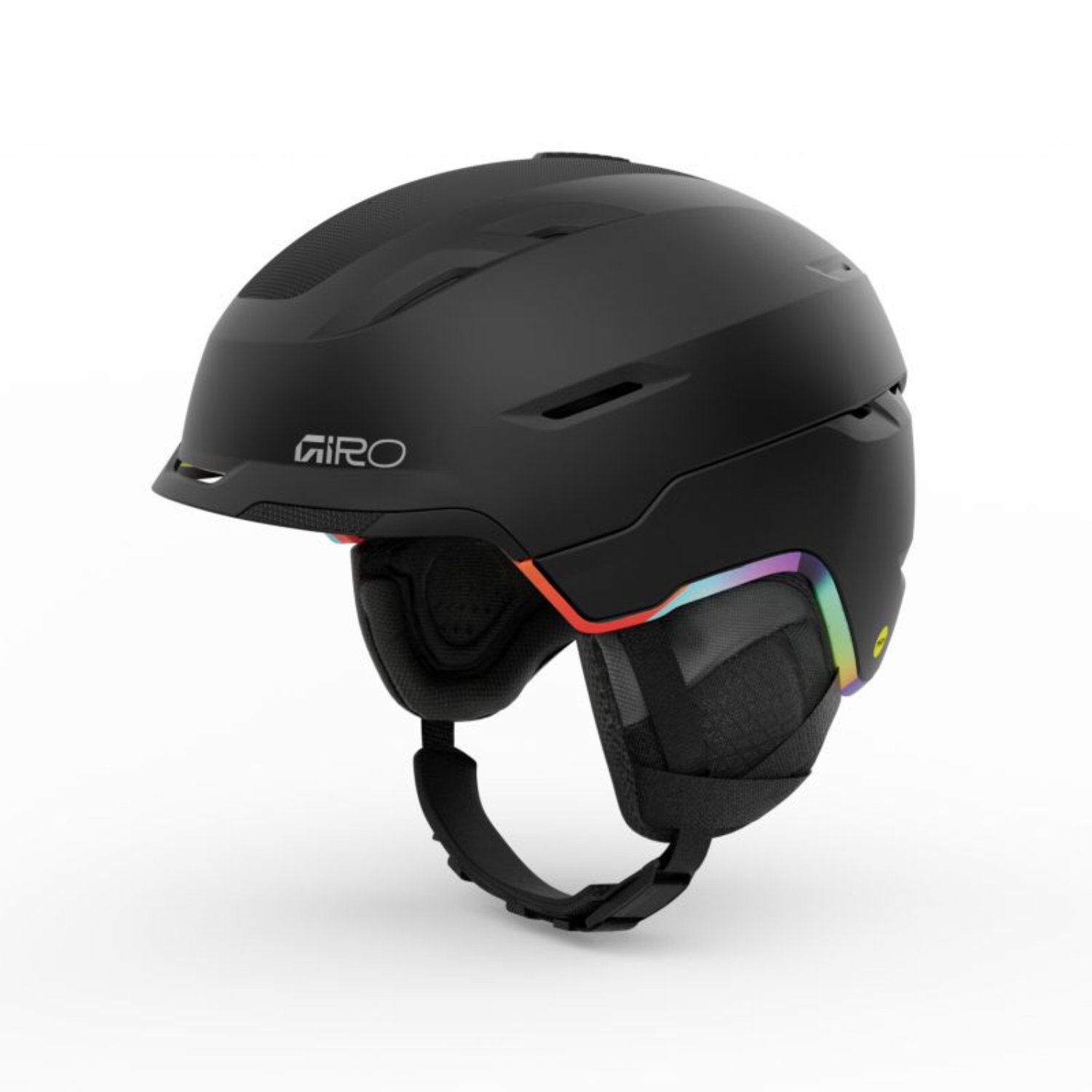  Casque de ski, noir mat, touche arc-en-ciel, coussinets d'oreilles, jugulaire