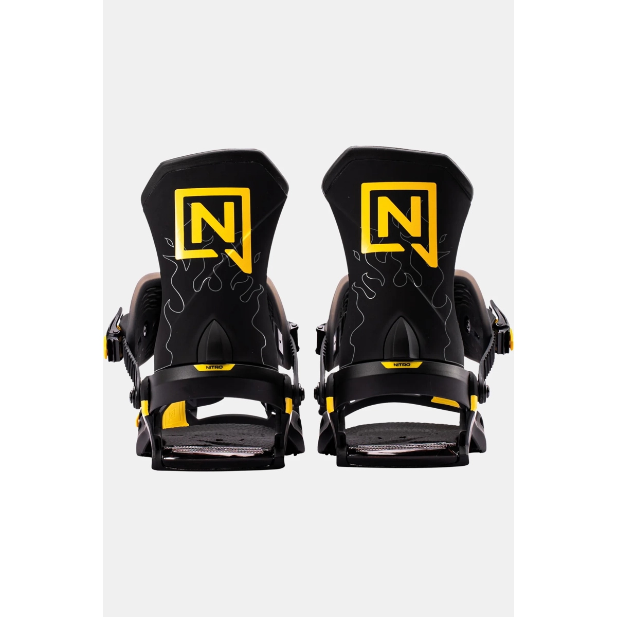 Snowboard-Bindungen, schwarze Bindungen, gelbe Akzente, Flammen-Design, Snowboard-Bindungen, Snowboard-Bindungen, Rückansicht, Schwarz, Gelbe Akzente, NTROAufdruck