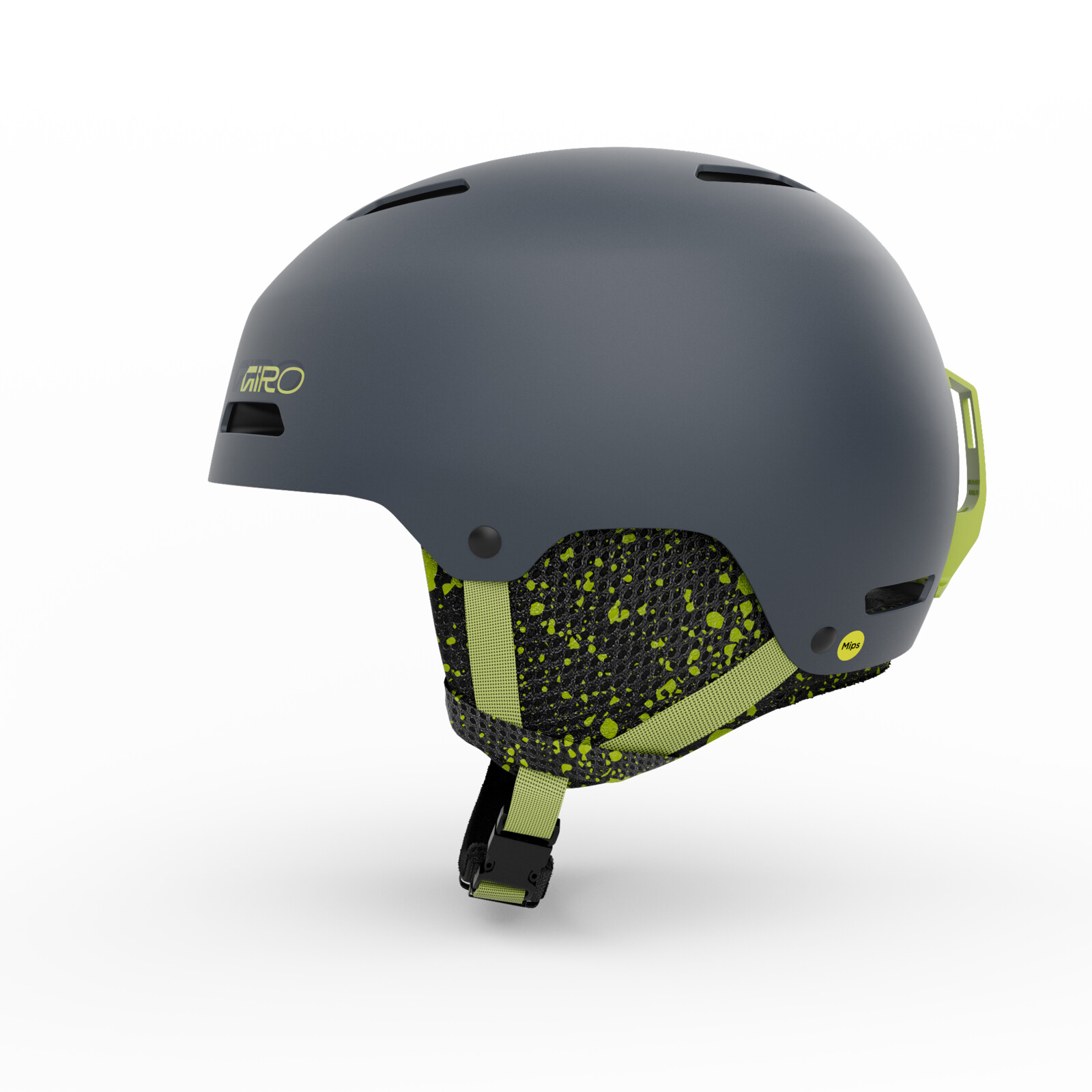 casque de ski, casque de neige, gris, touches de vert, aérations