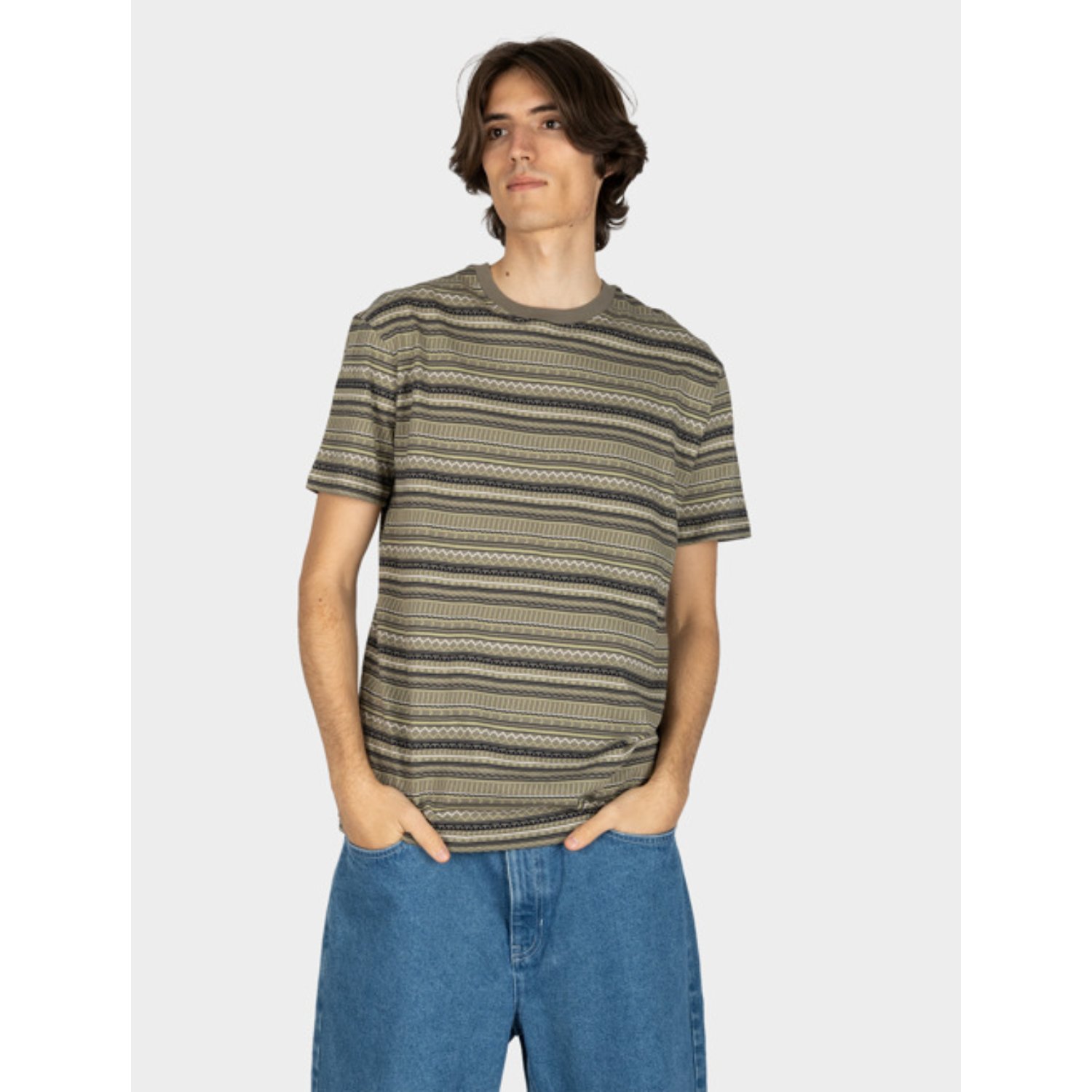 T-shirt, rayures, manches courtes, olive, imprimé