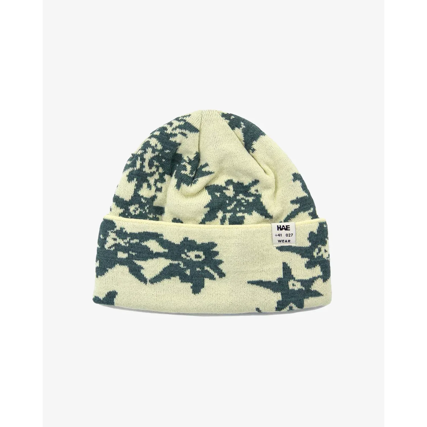 Bonnet en tricot, bonnet à revers, motif jacquard, vert foncé, couleur crème