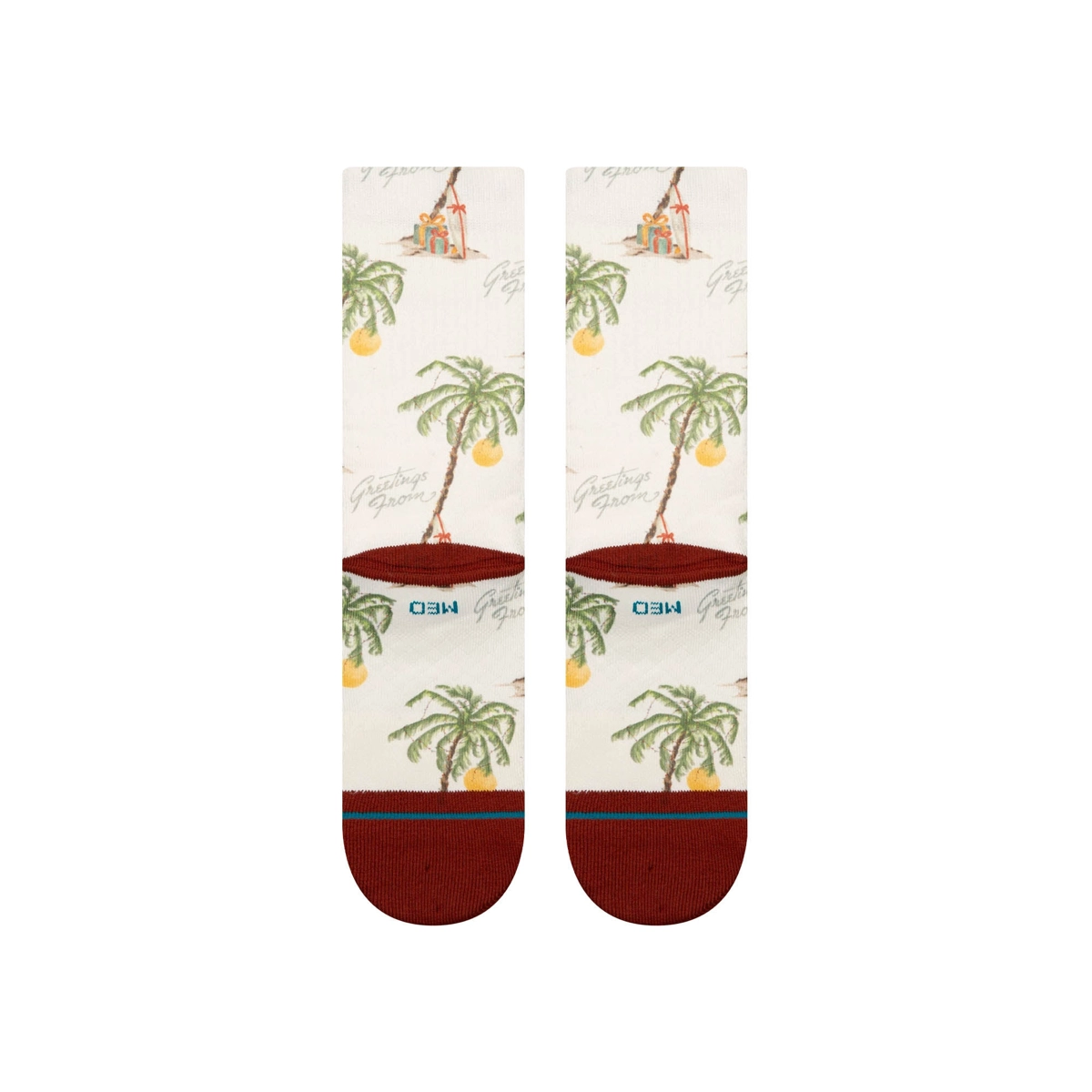 Chaussettes, paire de chaussettes, motif de palmiers, motif de plage, bords rouges