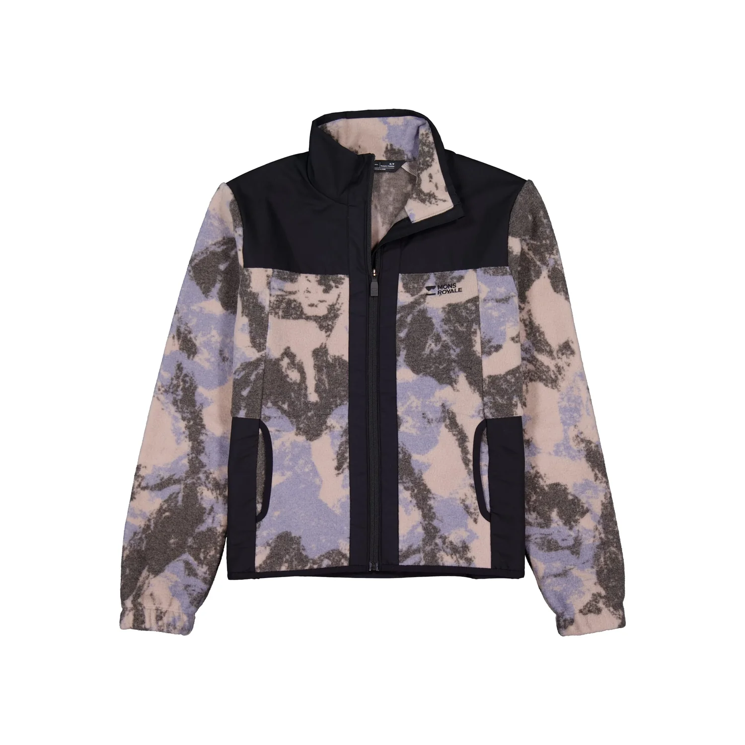 Pileup Wool Fleece Jacket Fleecejacke, Camouflage-Muster, Reißverschluss, Stehkragen, Schwarz und Flieder