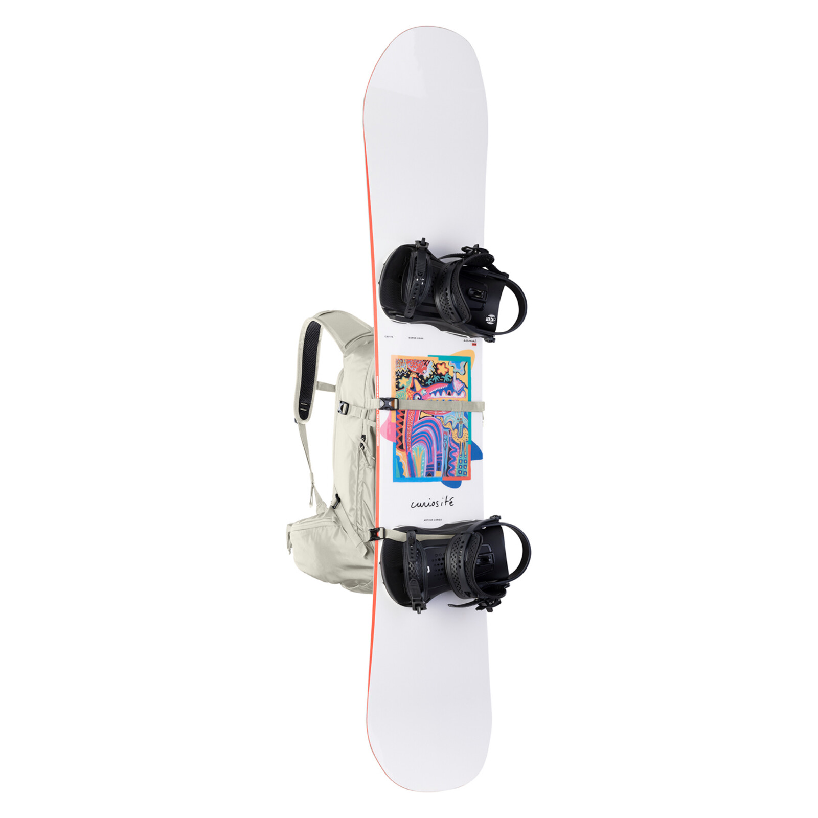 Snowboard, Snowboard-Bindungen, Rucksack, Kunstdruck, Weiß-Orangene Kante