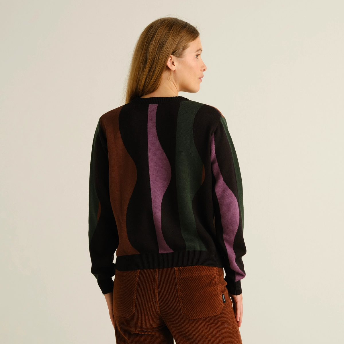 Strickjacke, Langarm, Gemusterte Jacke, Herbstfarben, Wollmix, Kunstlederjacke, Pullover, Streifenmuster, Color-Block, dunkle Farben