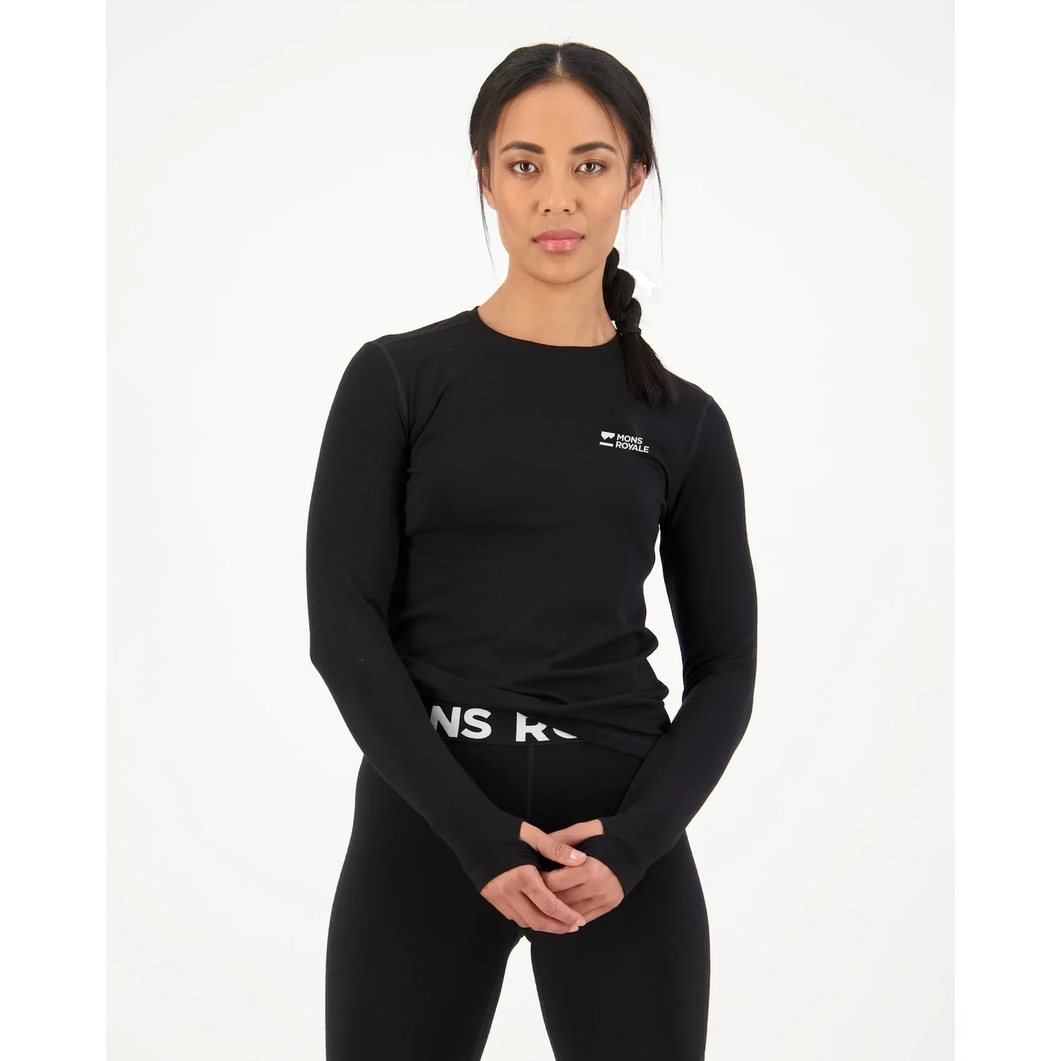 Cascade Mer.Ls T-shirt à manches longues pour femme, noir, col rond, fentes pour les pouces, t-shirt technique