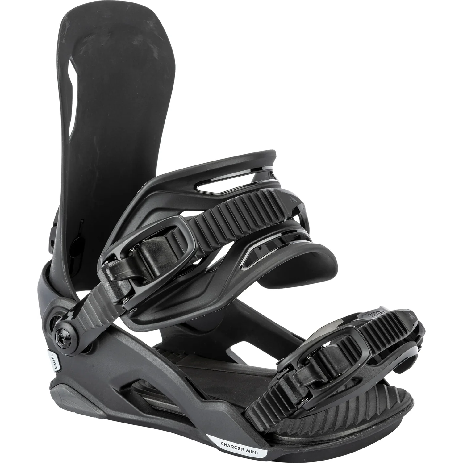 Fixation de snowboard, noire, en plastique, fermeture à cliquet, spoiler haut
