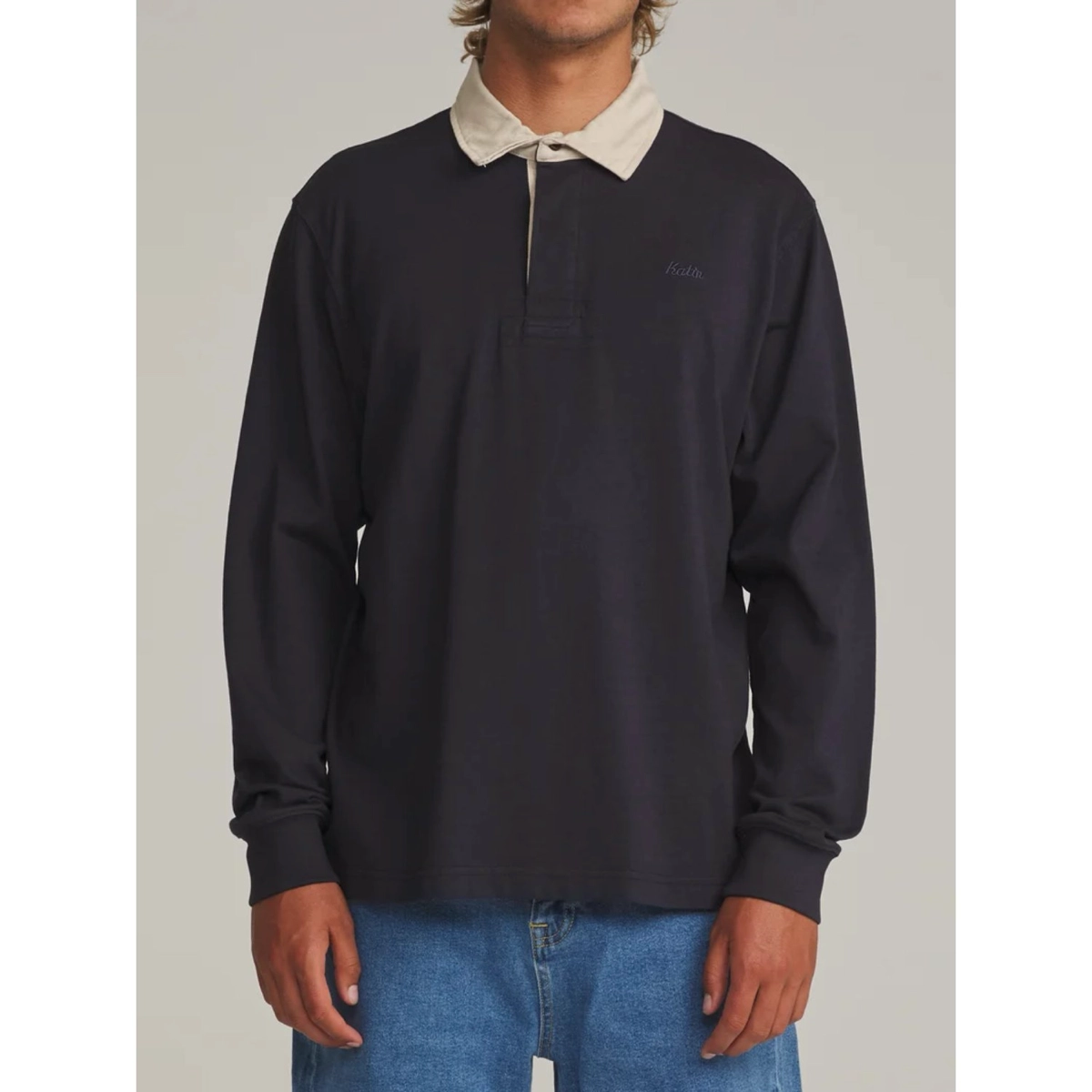 Polohemd, Langarm, Kontrastkragen, Schwarz, Casualtop
