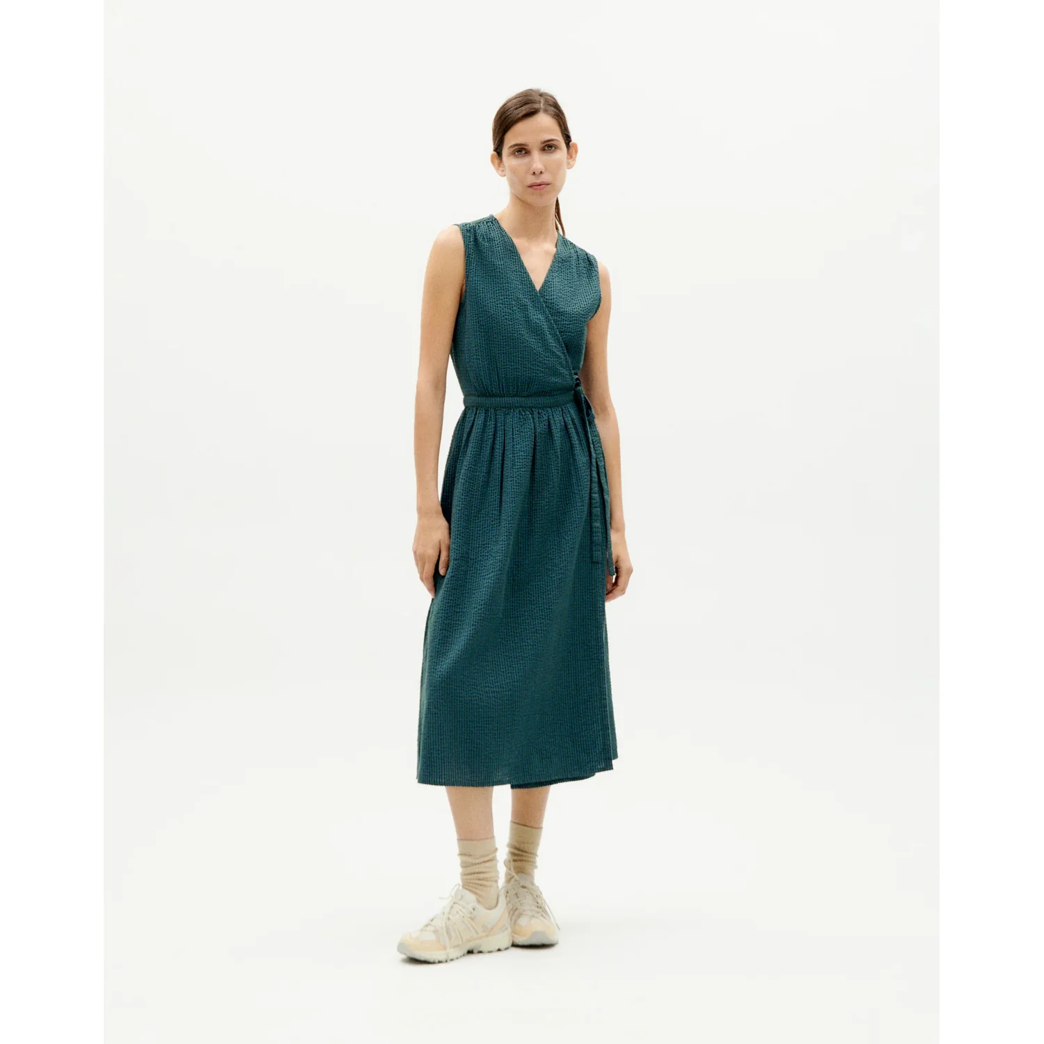 Wickelkleid, Ärmellos, Midi-Länge, Petrolgrün, Taillengürtel