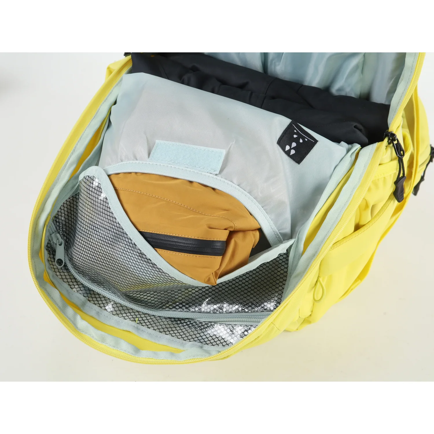Rucksack, gelb, Netzfach, Reißverschlussfach, Organizerfach