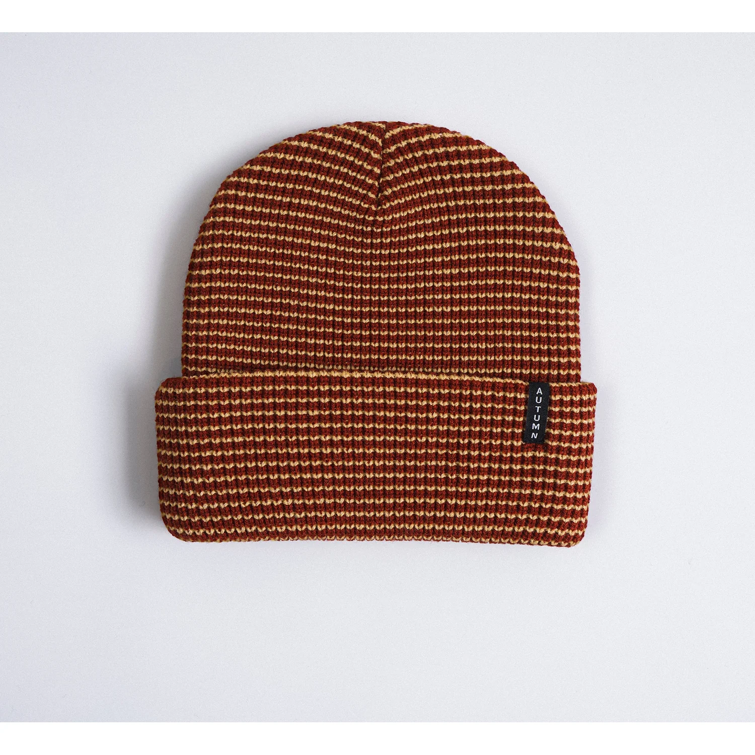 Bonnet en tricot, bord rabattu, maille côtelée, rayé, rouge-brun