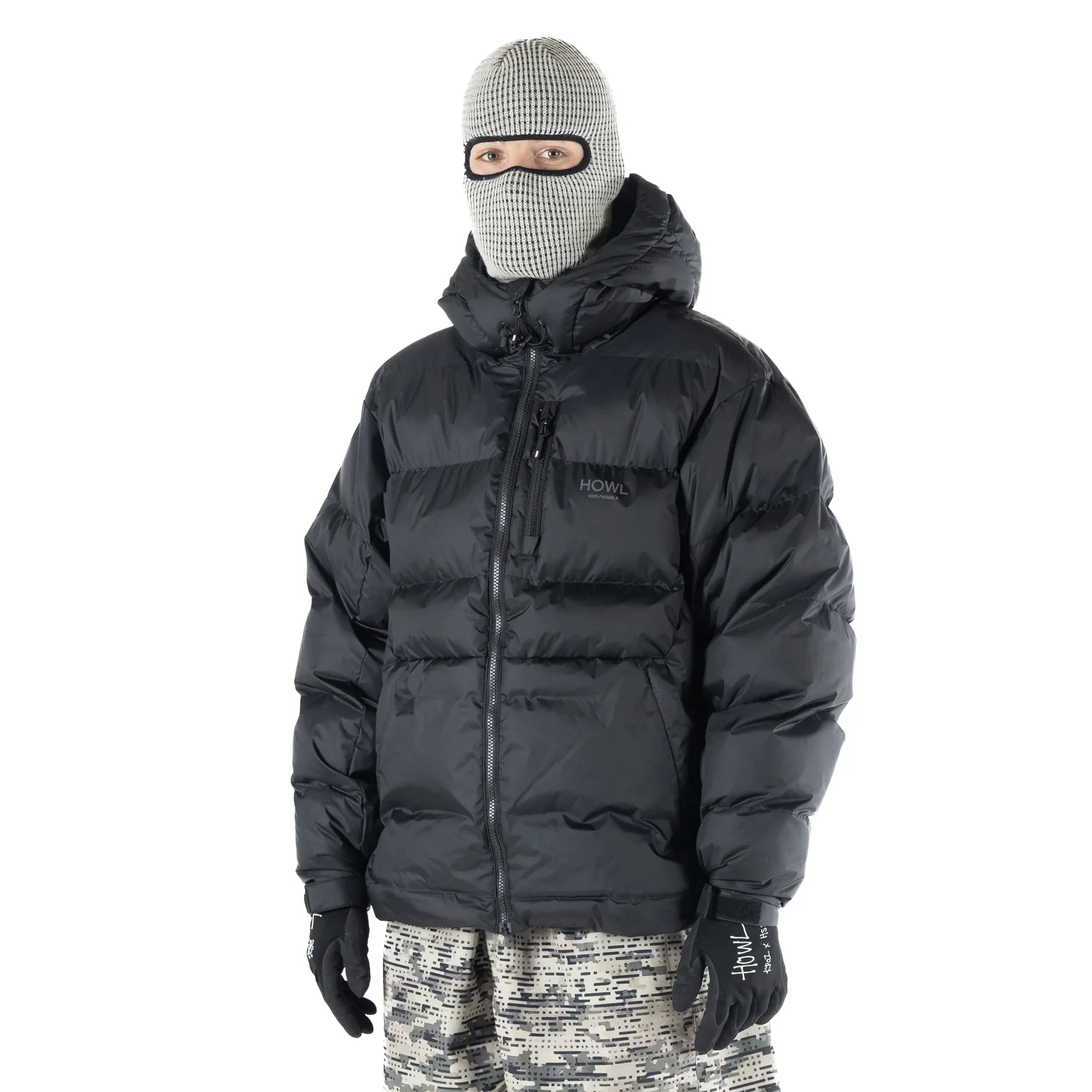 Daunenjacke, Winterschicht, Schwarz, Kapuze, Steppjacke, Daunenjacke, Schwarz, Stehkragen, Balaclava, Camouflagehose